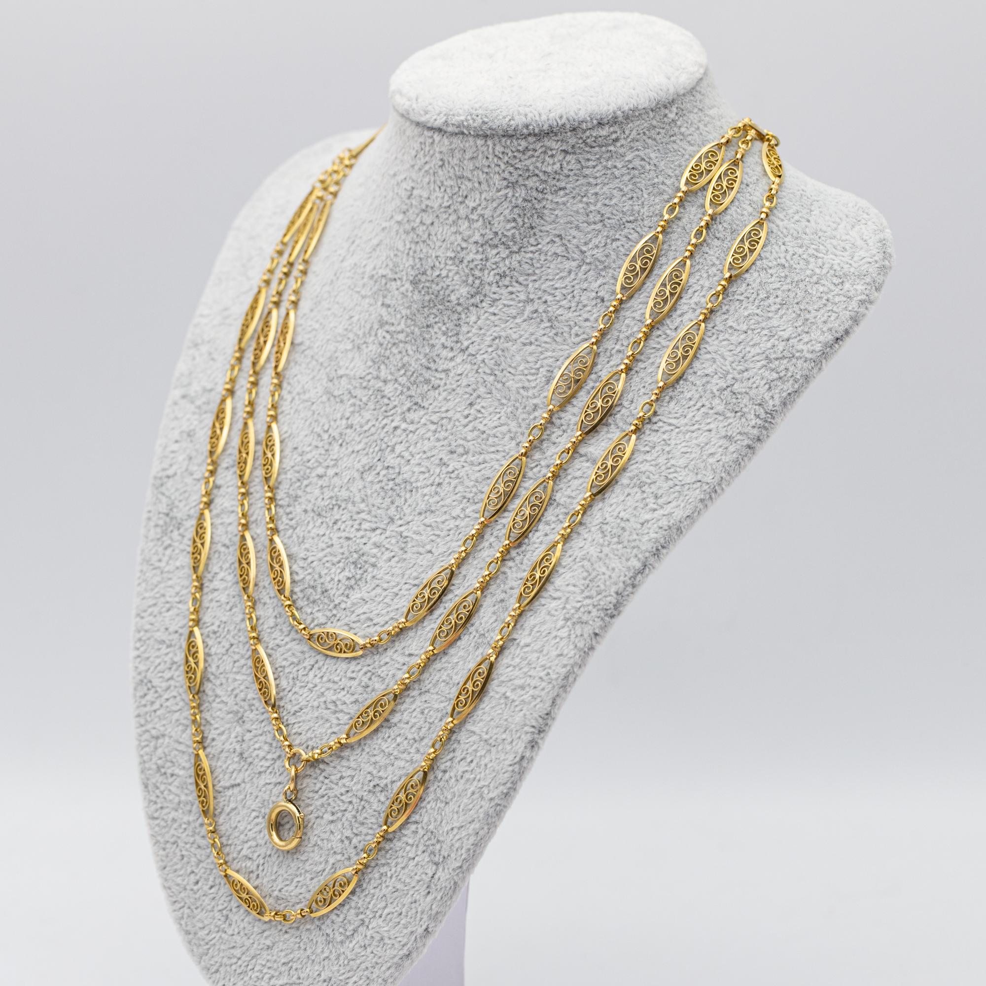 Antique 18k gold Sautoir necklace, 155cm long guard, Victorian double rope chain 6
