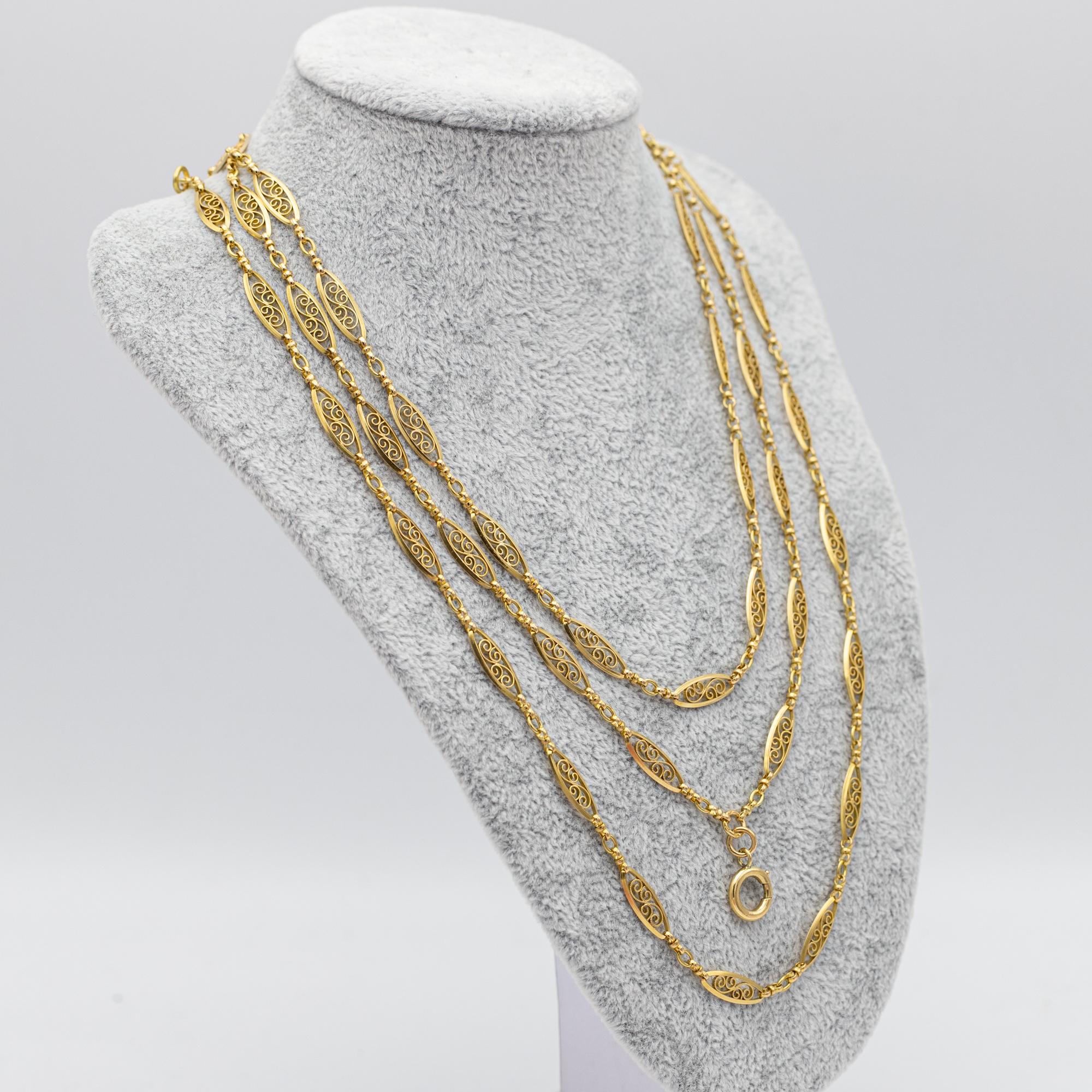 Antique 18k gold Sautoir necklace, 155cm long guard, Victorian double rope chain 7
