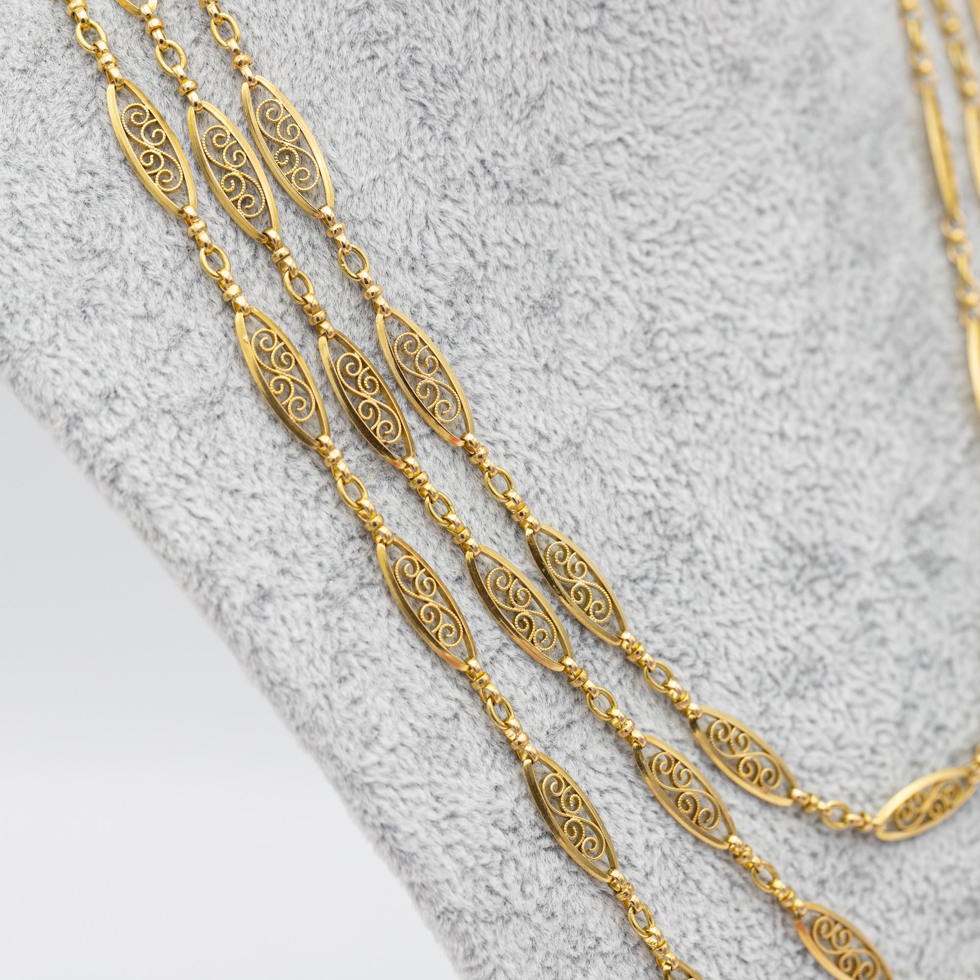 Antique 18k gold Sautoir necklace, 155cm long guard, Victorian double rope chain 8