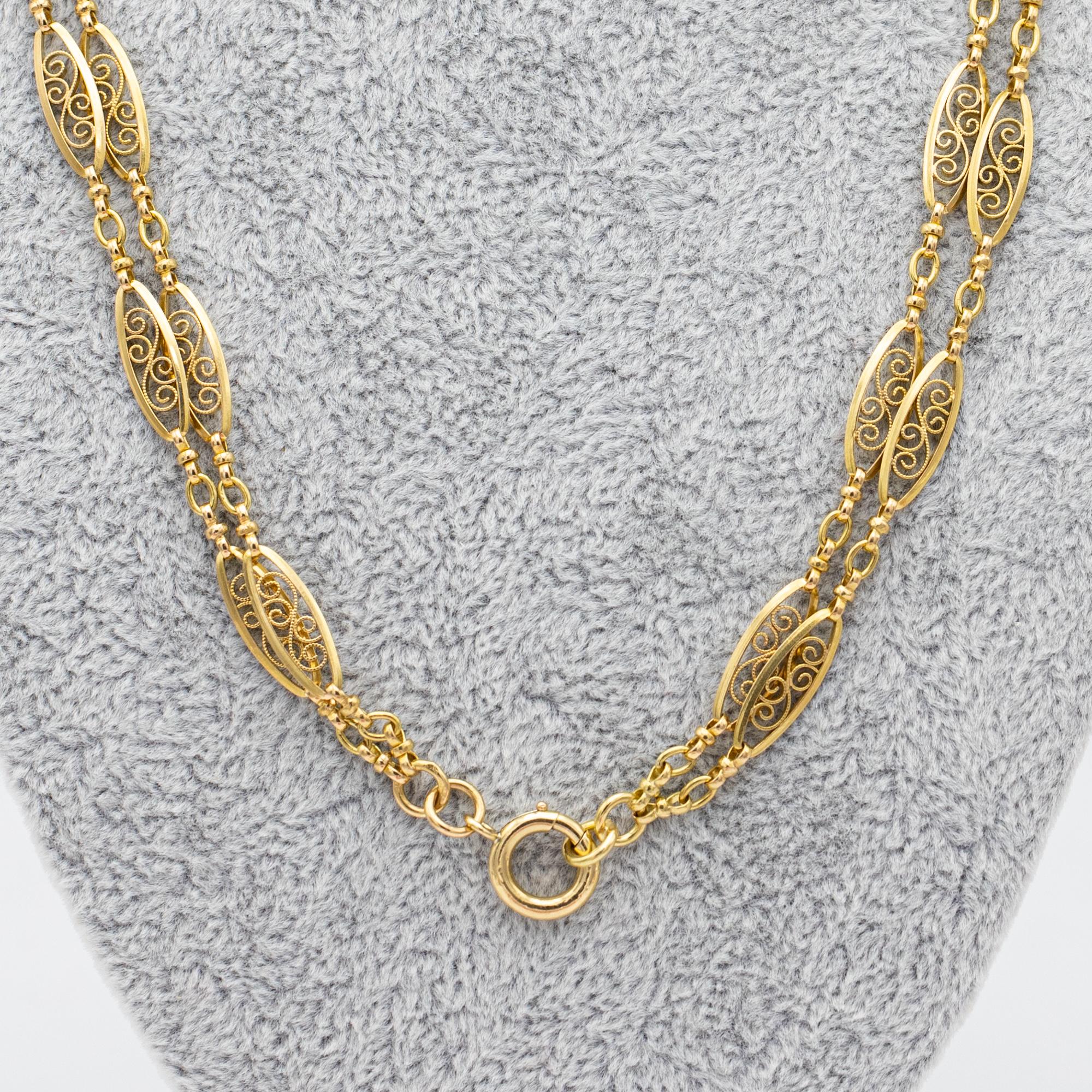 Antique 18k gold Sautoir necklace, 155cm long guard, Victorian double rope chain 9