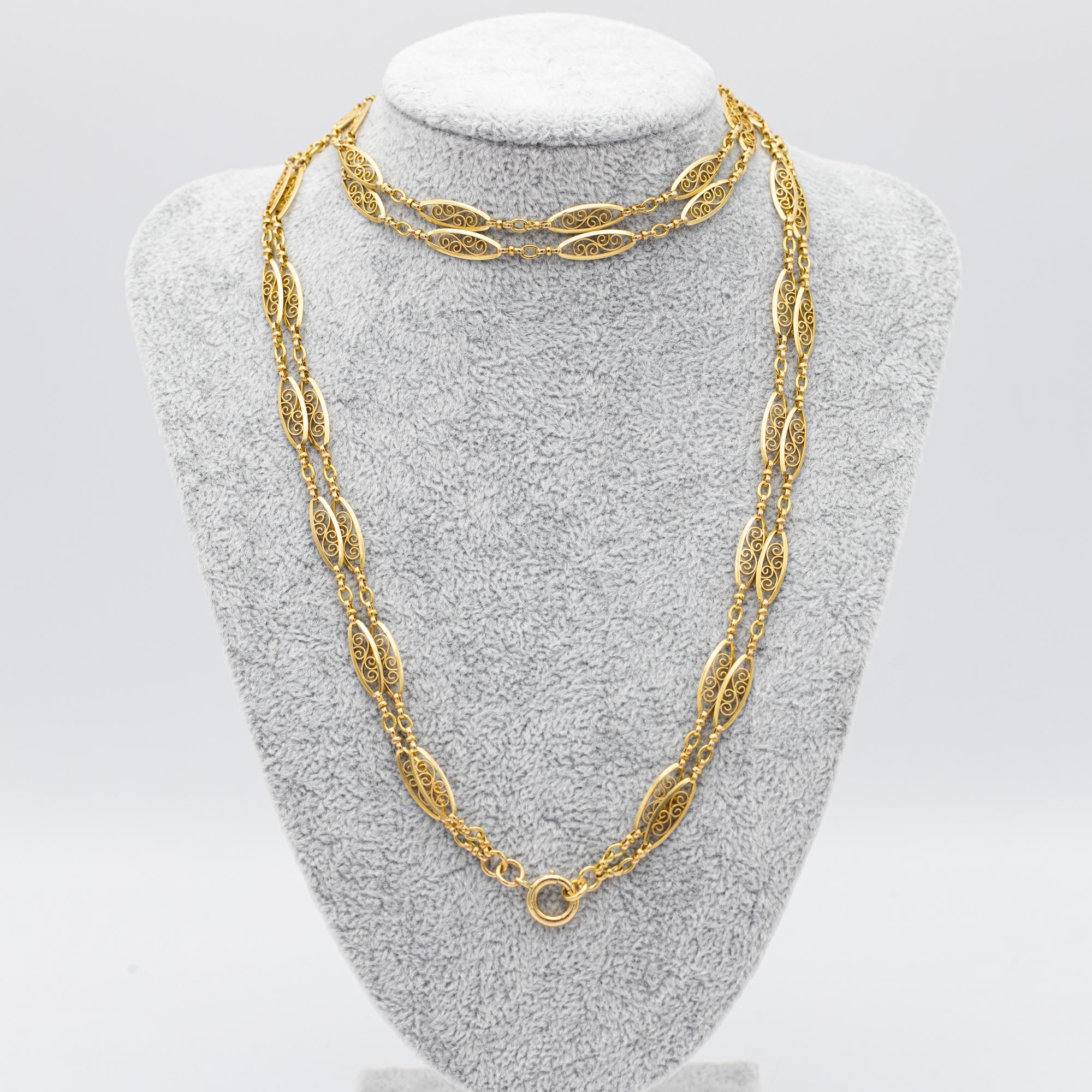 Antique 18k gold Sautoir necklace, 155cm long guard, Victorian double rope chain 10