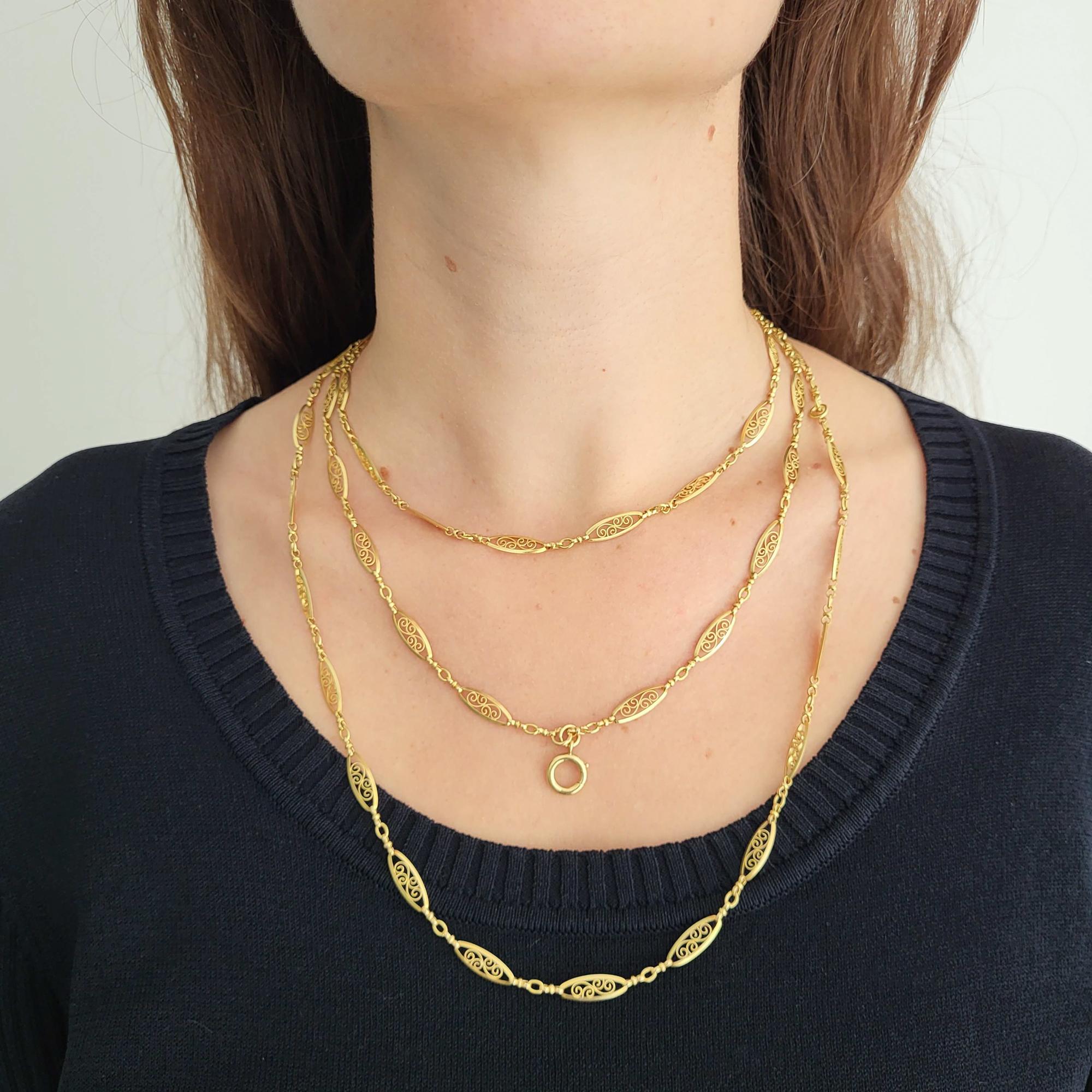 Antique 18k gold Sautoir necklace, 155cm long guard, Victorian double rope chain 13