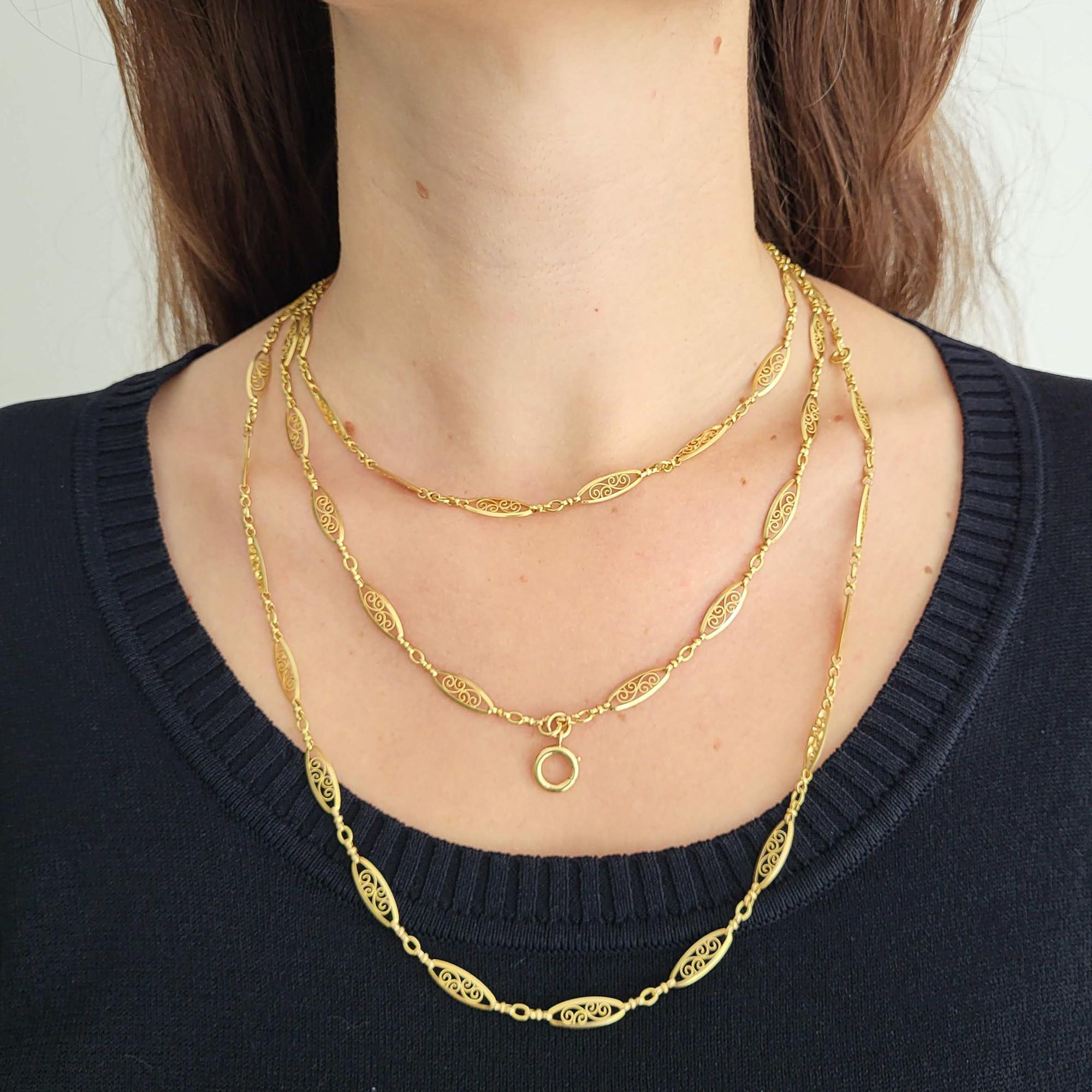 Art Nouveau Antique 18k gold Sautoir necklace, 155cm long guard, Victorian double rope chain