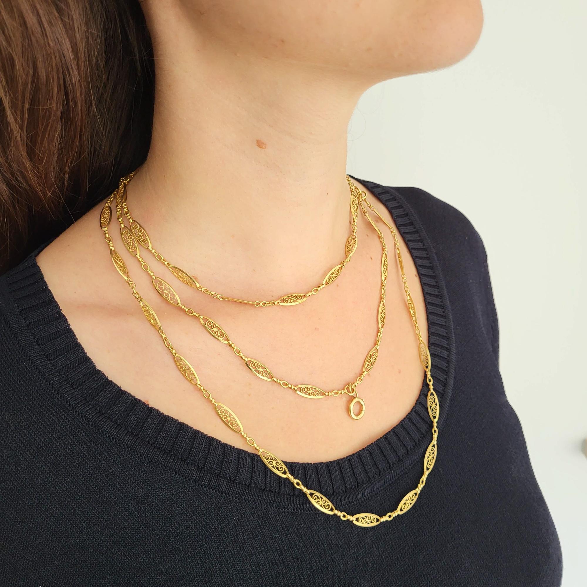 Antique 18k gold Sautoir necklace, 155cm long guard, Victorian double rope chain In Good Condition In Antwerp, BE