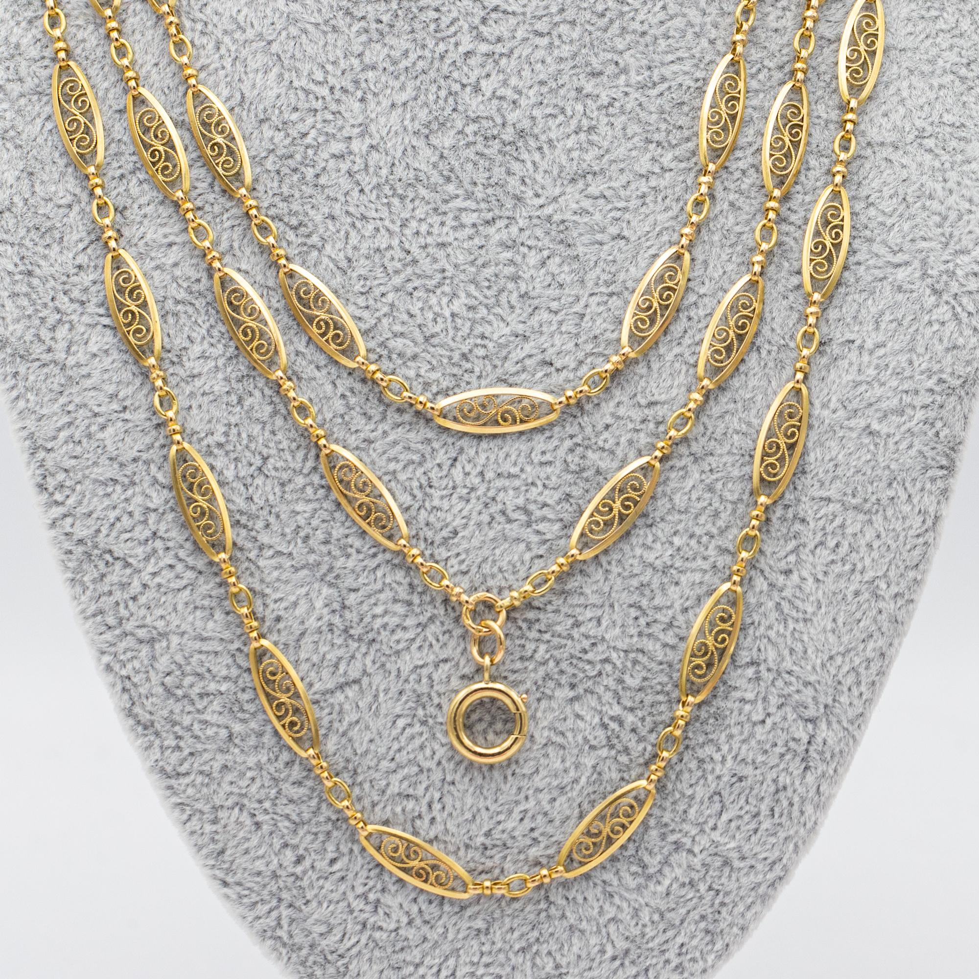 Antique 18k gold Sautoir necklace, 155cm long guard, Victorian double rope chain 4