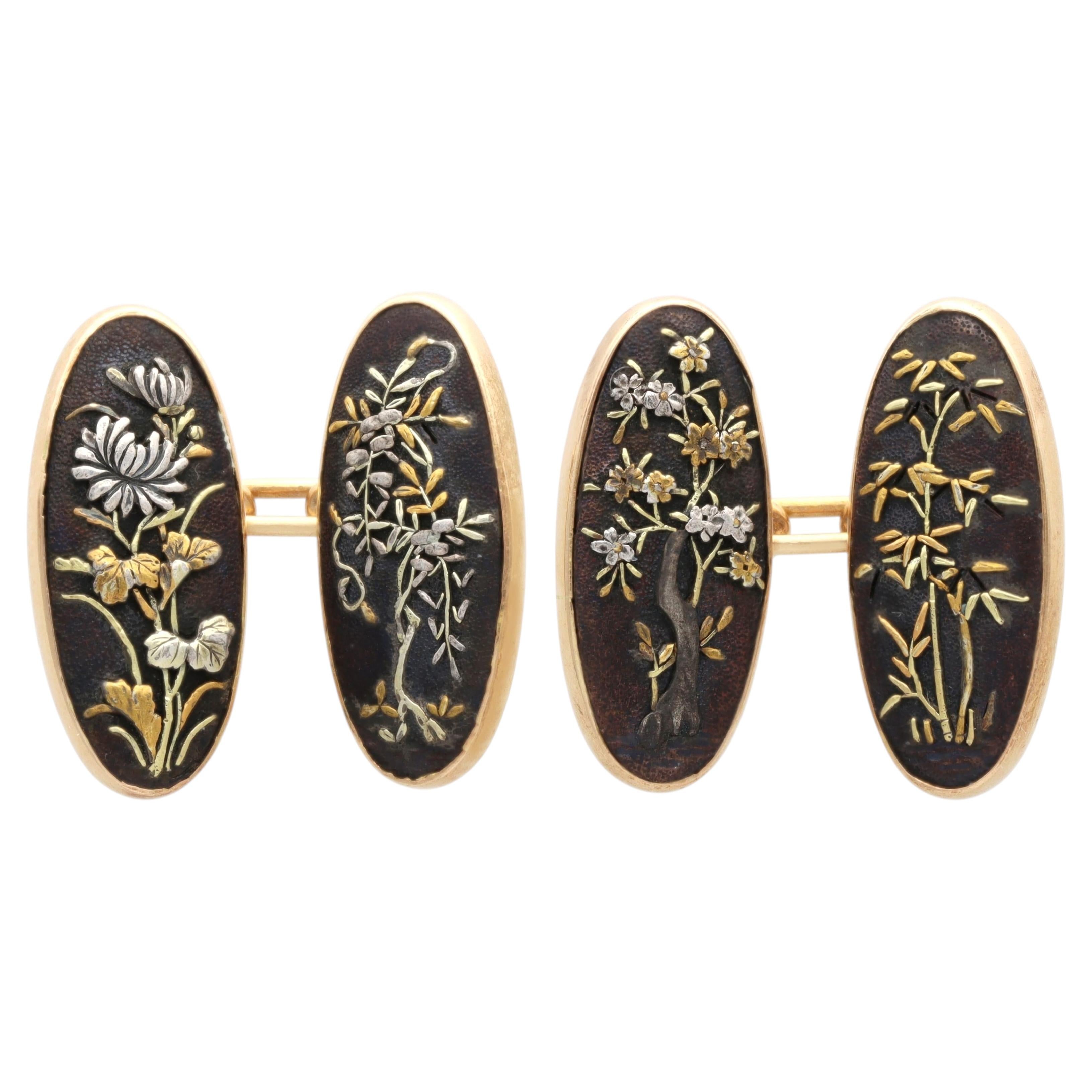 Antique 18k Yellow Gold Shakudo Cufflinks Circa 1890