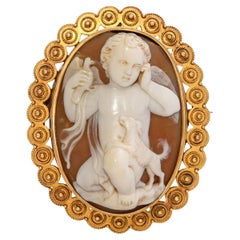 Antique 18k Yellow Gold Shell Cameo Boy with Dog and Bird Brooch