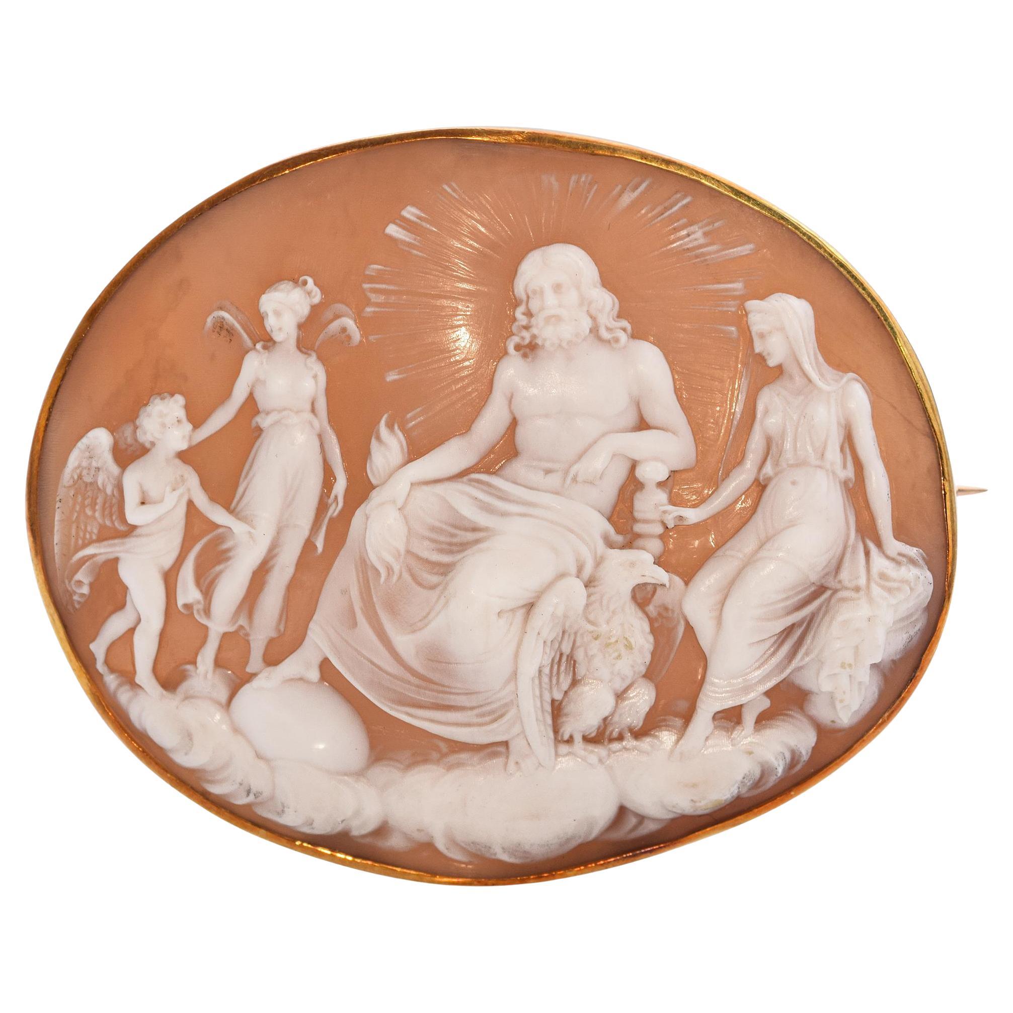 Antique 18k Yellow Gold Shell Cameo "Cupid and Psyche Getting Married" Brooch