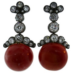 Antique 18k Yellow Gold, Silver, Cushion & Rose Cut Diamond & Coral Earrings