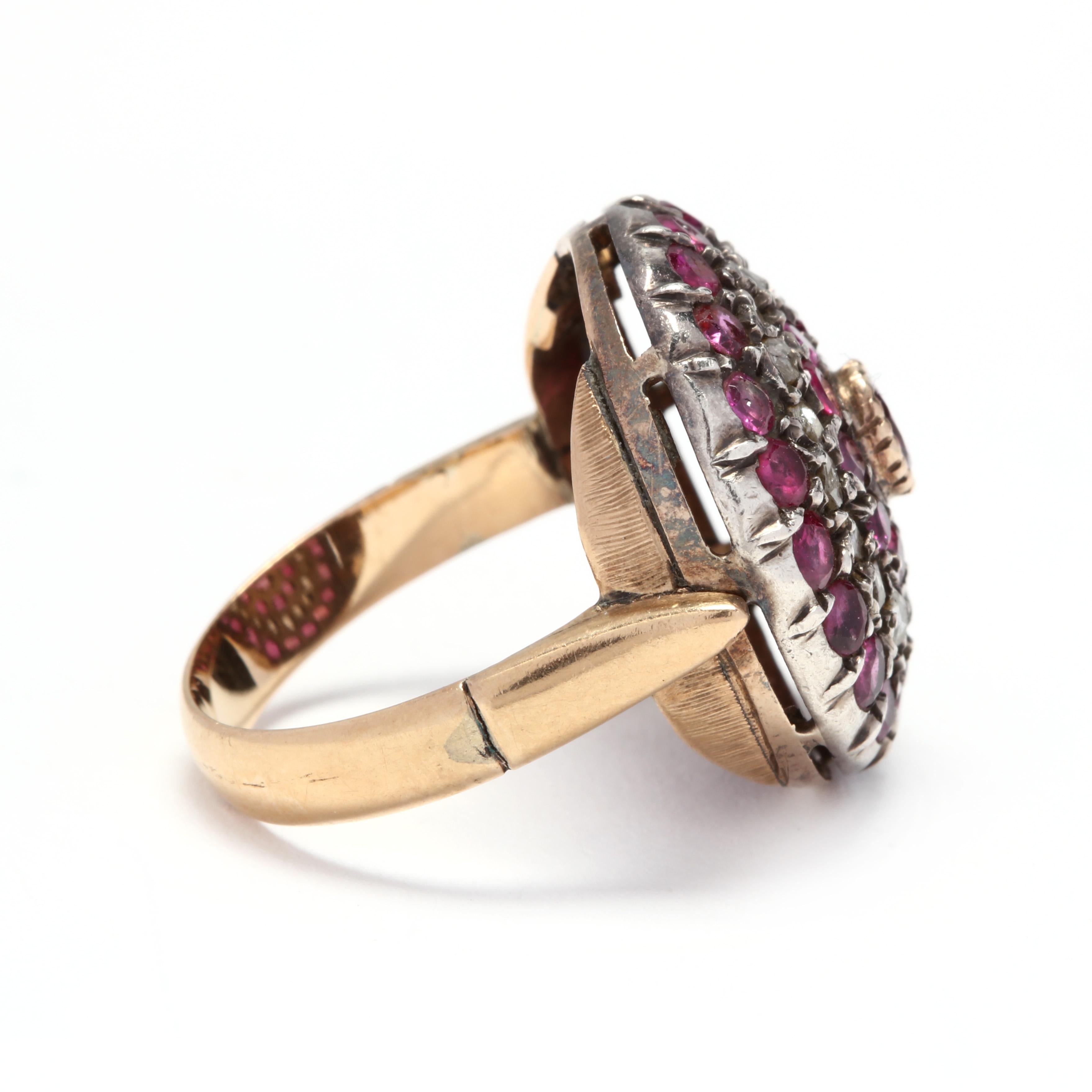 Victorian Antique 18 Karat Yellow Gold, Silver, Diamond and Ruby Target Ring