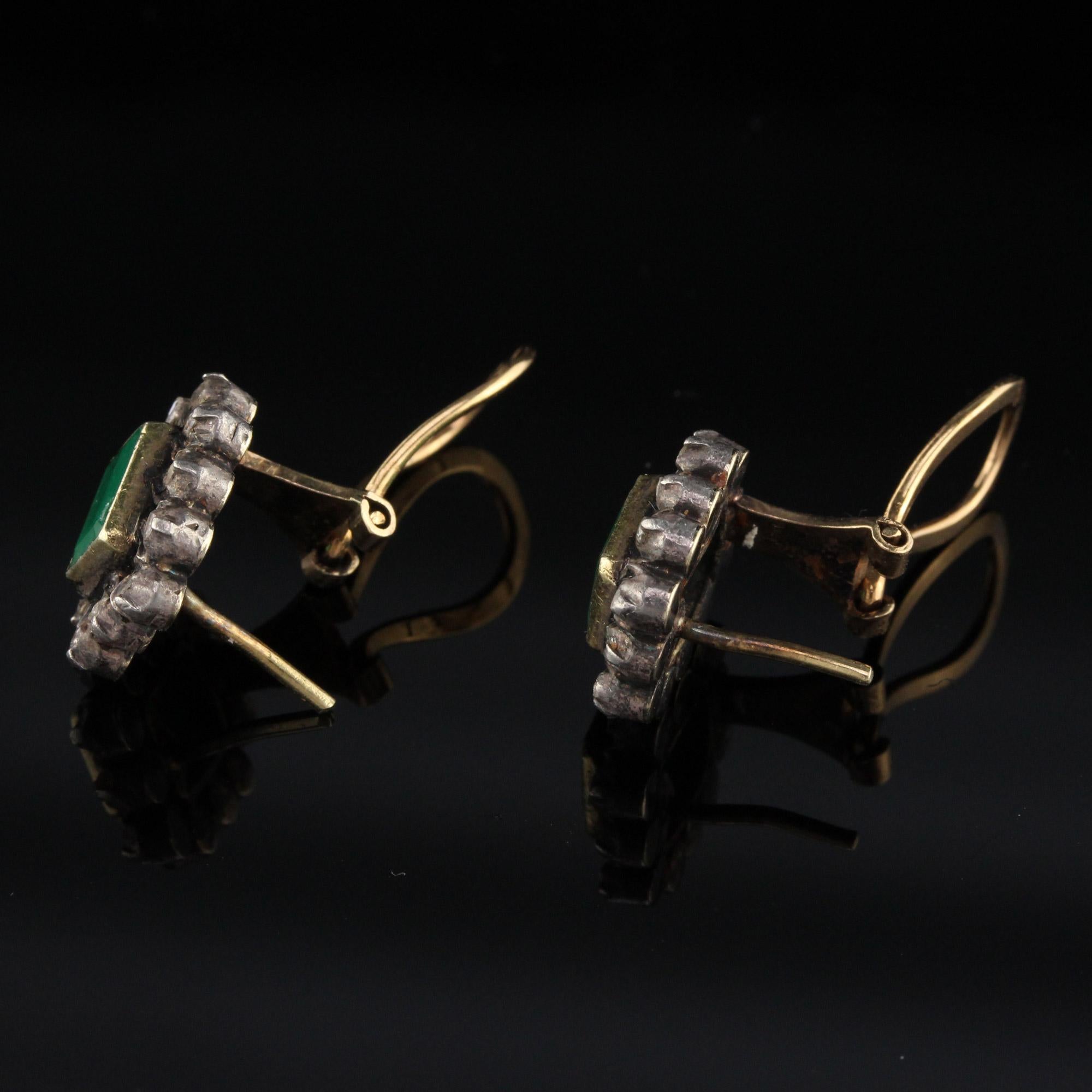 Georgian Antique 18 Karat Yellow Gold and Silver Top, Emerald and Diamond Earrings