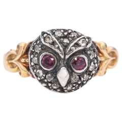Antique 18k Yellow Gold Sterling Silver Ruby Diamond Owl Ring