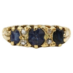 Antique 18K Yellow Gold Three Sapphire & Rose-Cut Diamond Victorian Ring