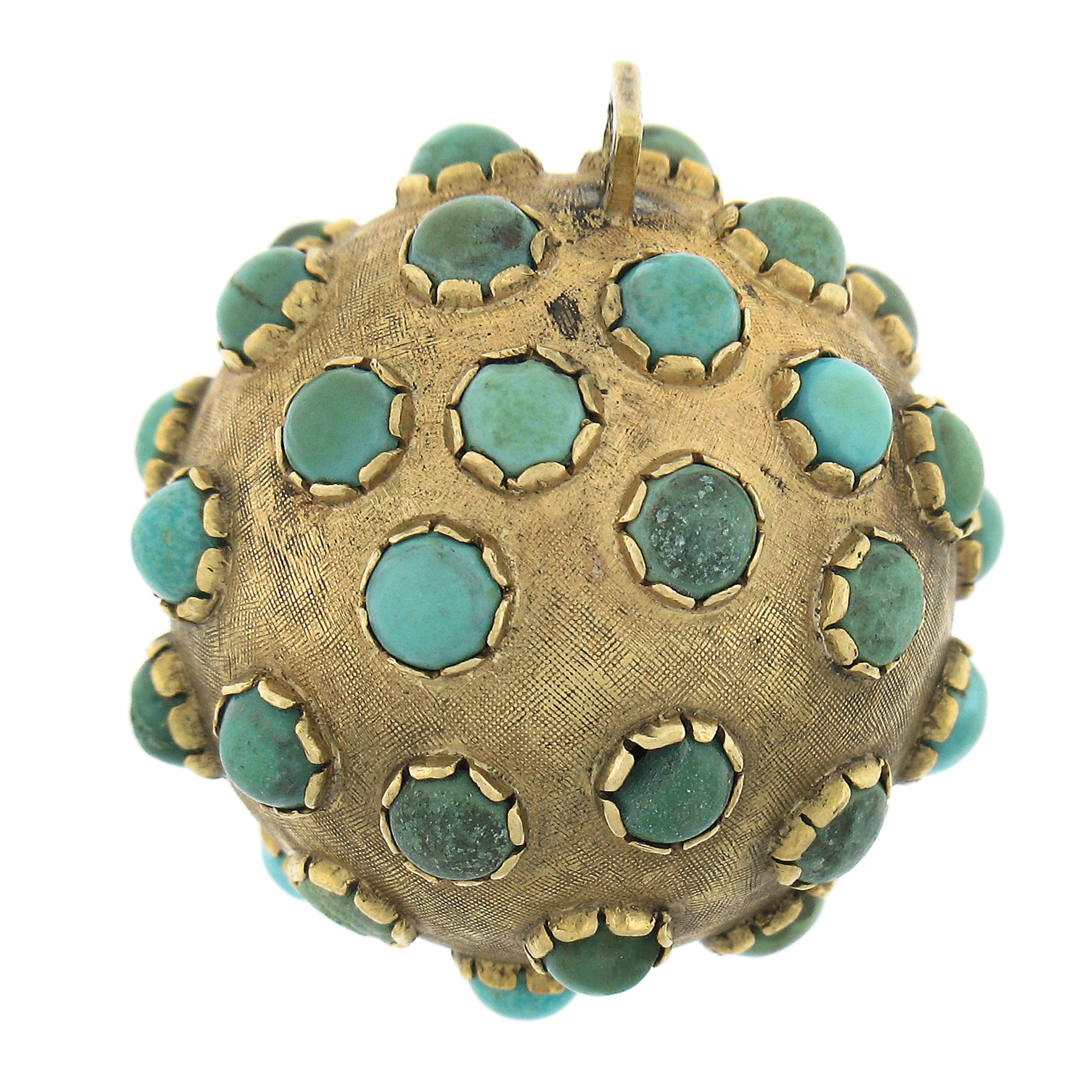 --Stone(s):--
Numerous Natural Genuine Turquoises - Round Shape - Prong Set - Natural Variation in Color

Material: Solid 18k Yellow Gold
Weight: 11.70 Grams
Overall Width/Thickness: 27.3mm (1