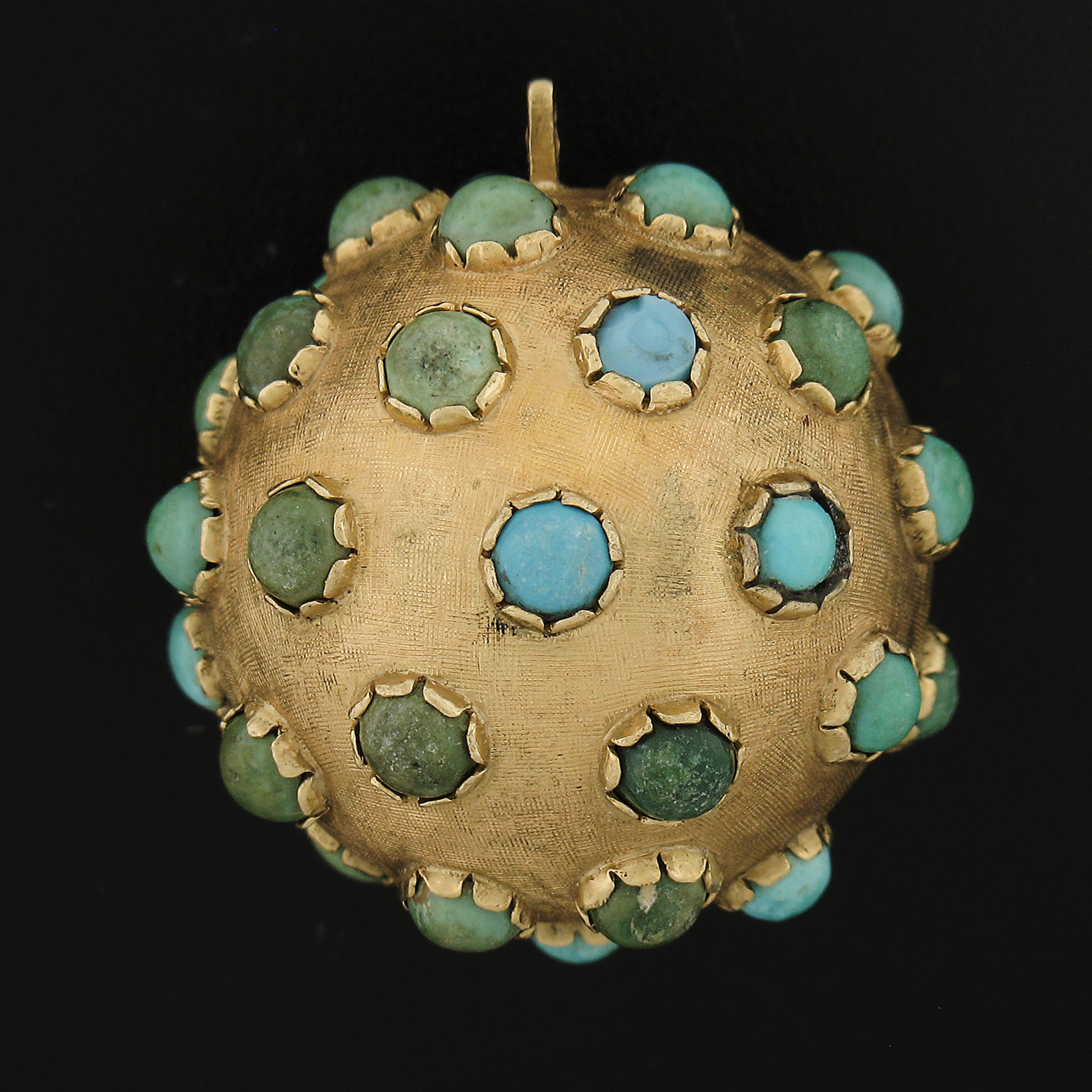 Round Cut Antique 18k Yellow Gold Turquoise Textured Sputnik Round Ball Charm Pendant For Sale