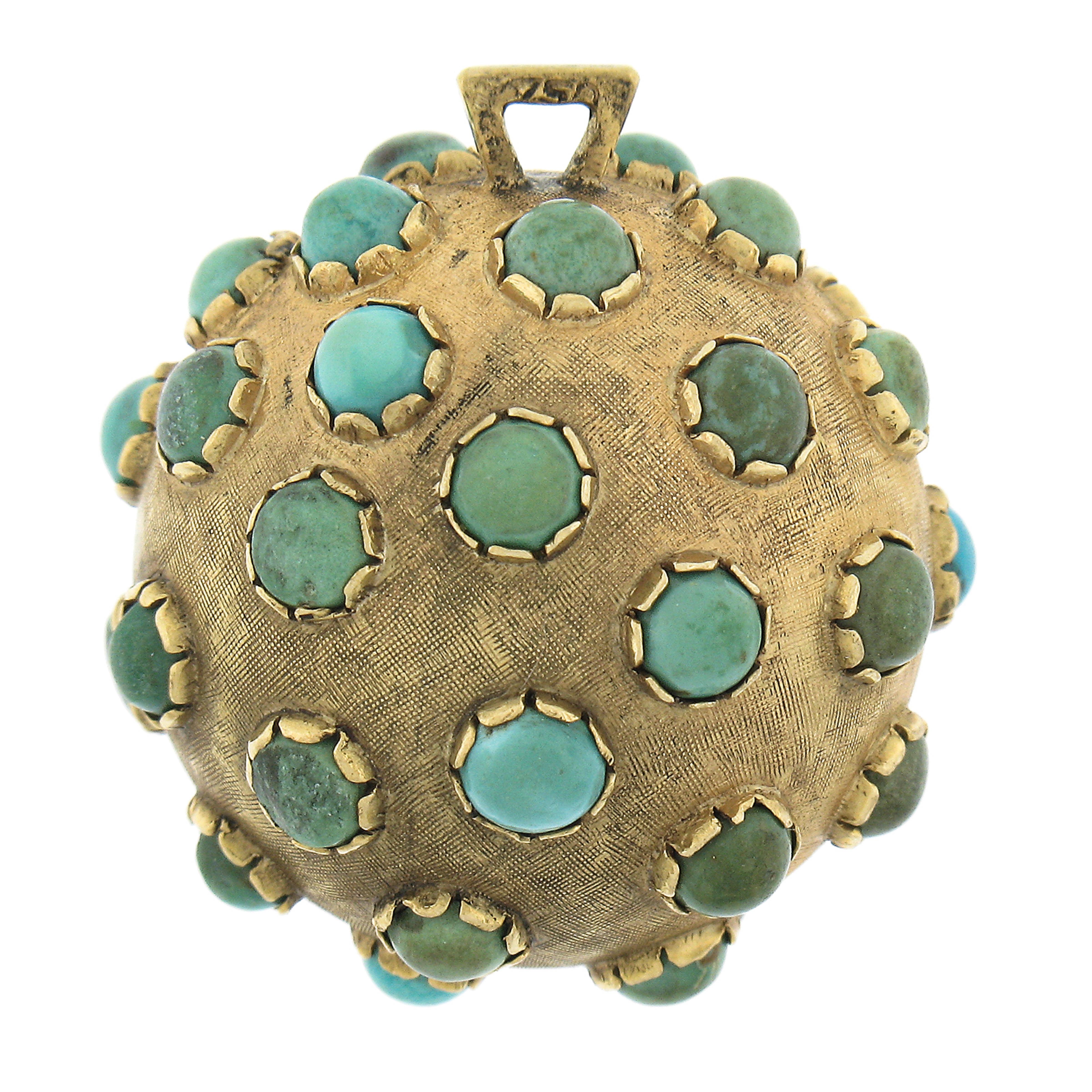 Antique 18k Yellow Gold Turquoise Textured Sputnik Round Ball Charm Pendant In Good Condition For Sale In Montclair, NJ