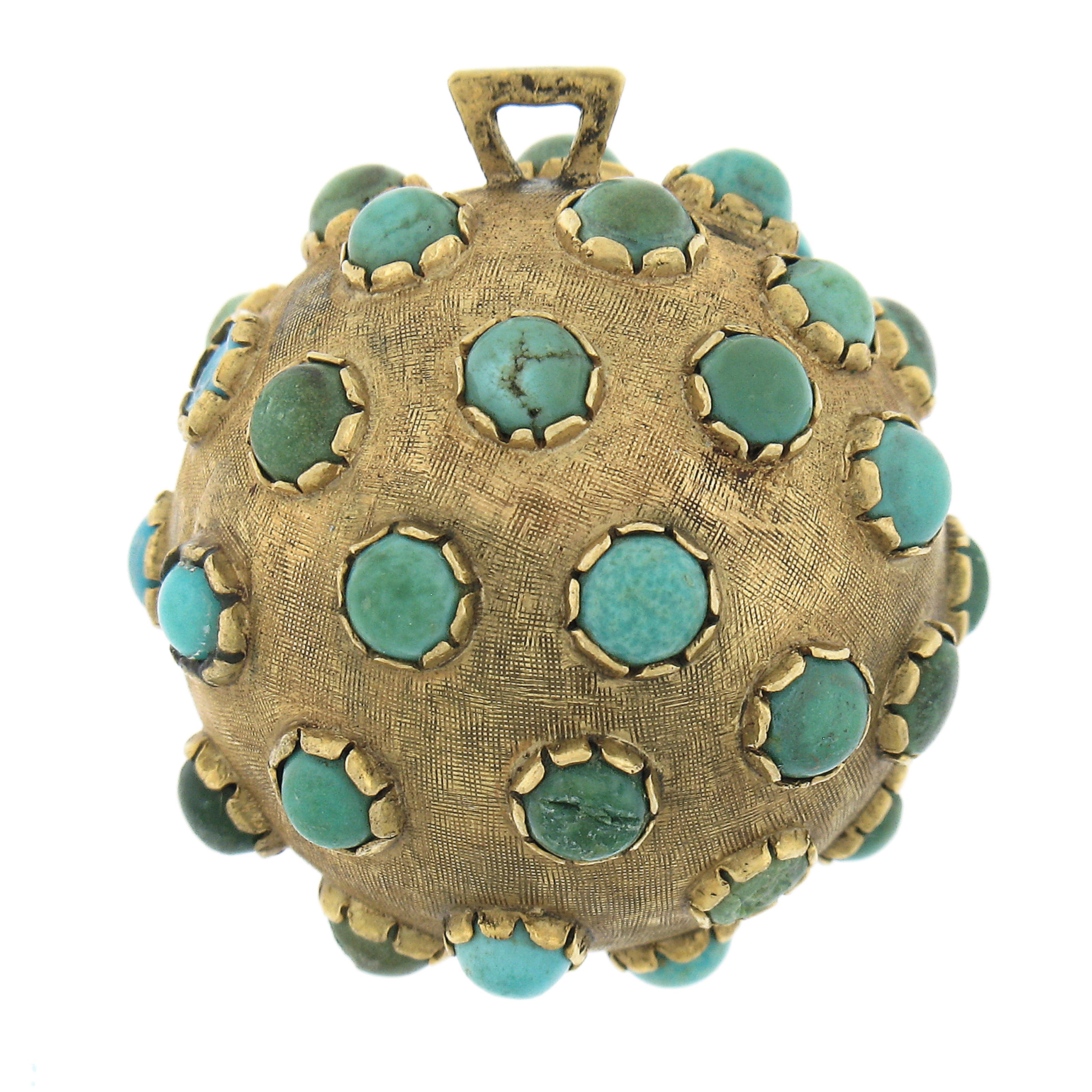 Women's or Men's Antique 18k Yellow Gold Turquoise Textured Sputnik Round Ball Charm Pendant For Sale