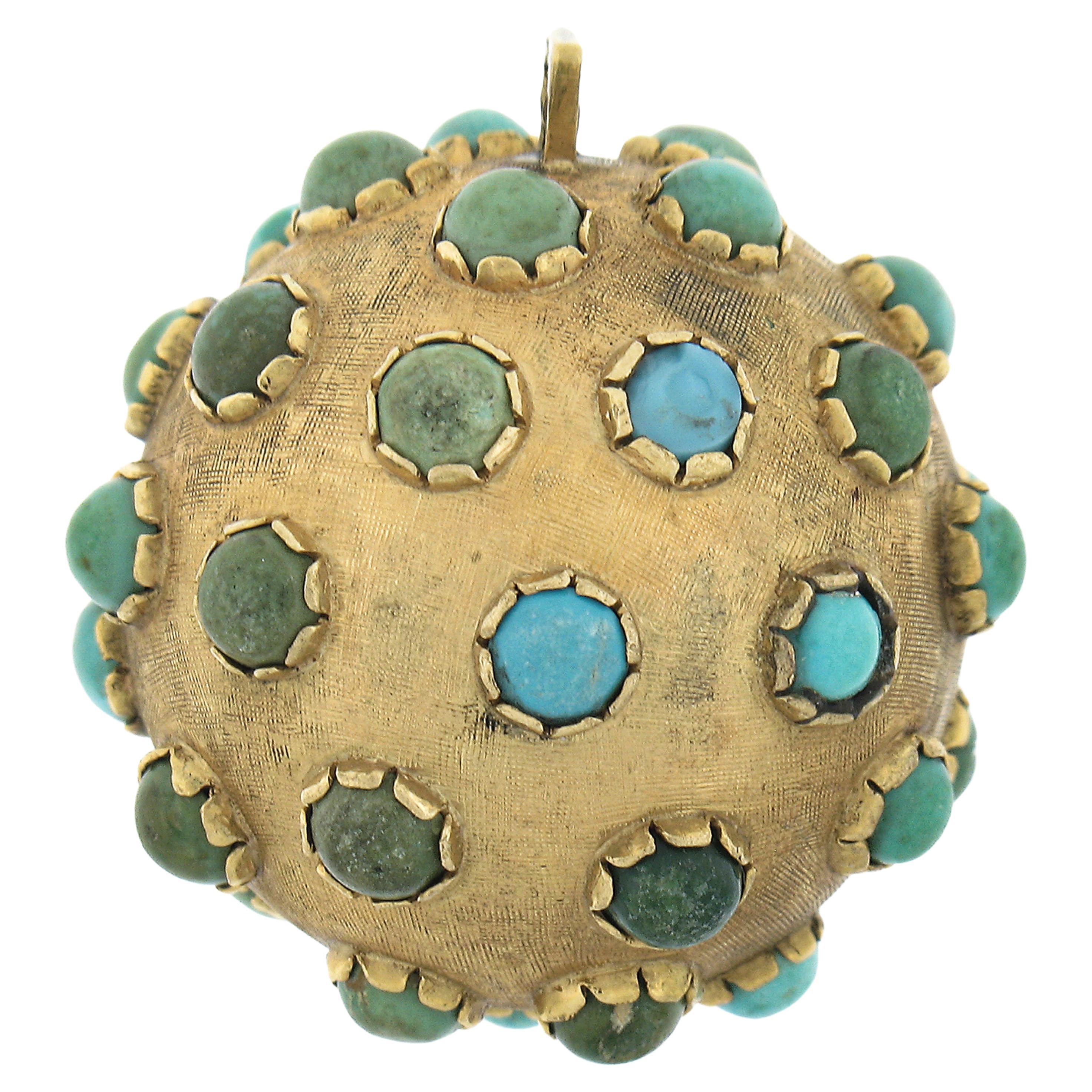 Antique 18k Yellow Gold Turquoise Textured Sputnik Round Ball Charm Pendant For Sale