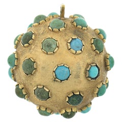 Antique 18k Yellow Gold Turquoise Textured Sputnik Round Ball Charm Pendant