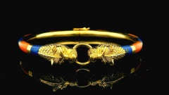 Antique 18K Yellow Gold Two Panther Heads Lapis & Cl inlays Bangle