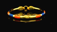 Antique 18K Yellow Gold Two Panther Heads Lapis & Cl inlays Bangle