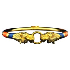 Antique 18K Yellow Gold Two Panther Heads Lapis & Cl inlays Bangle