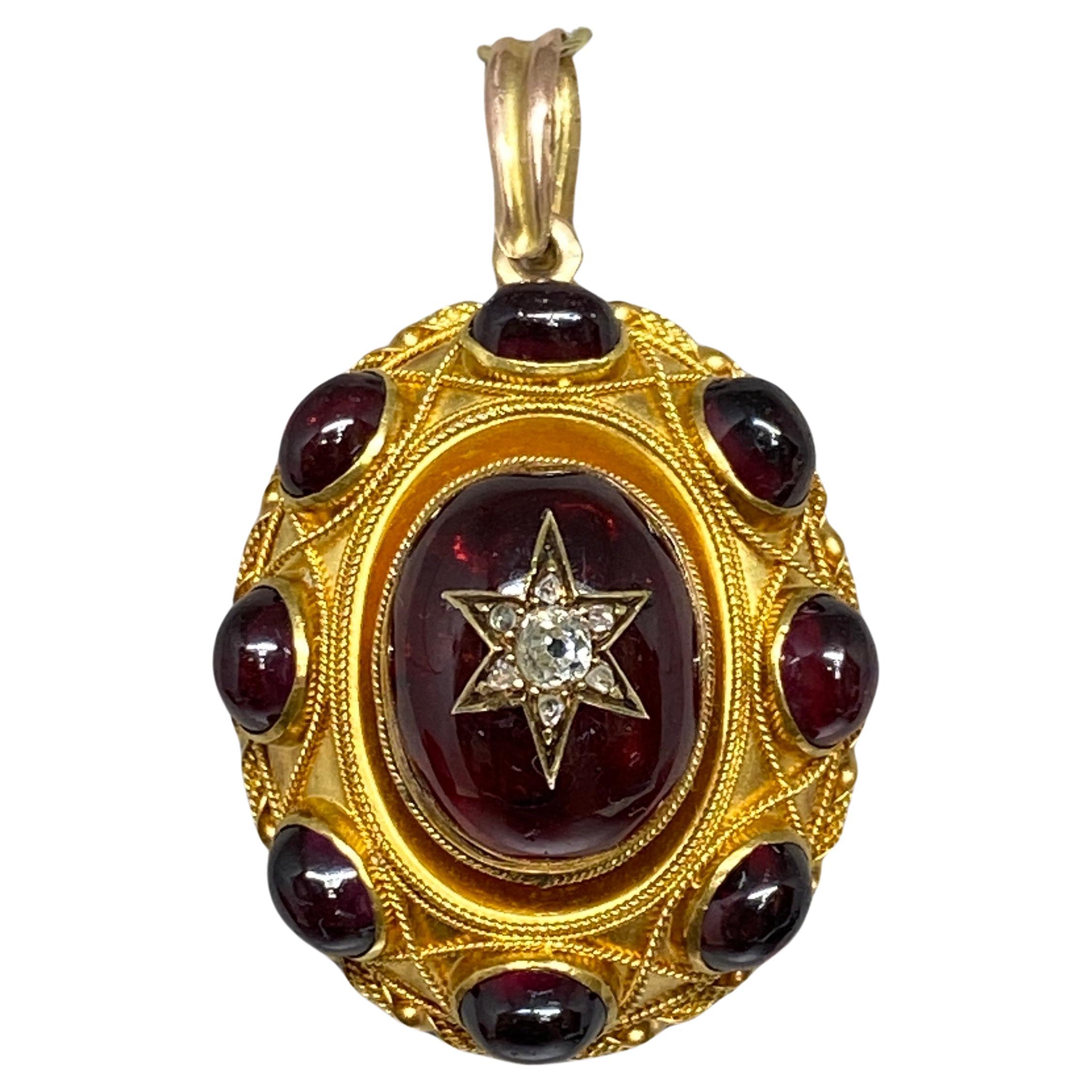 Pendentif médaillon victorien ancien en or jaune 18 carats, grenat et diamant étoilé 