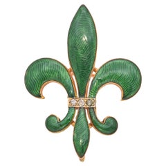 Spilla antica in oro giallo 18k vittoriana con smalto verde Fleur De Lis