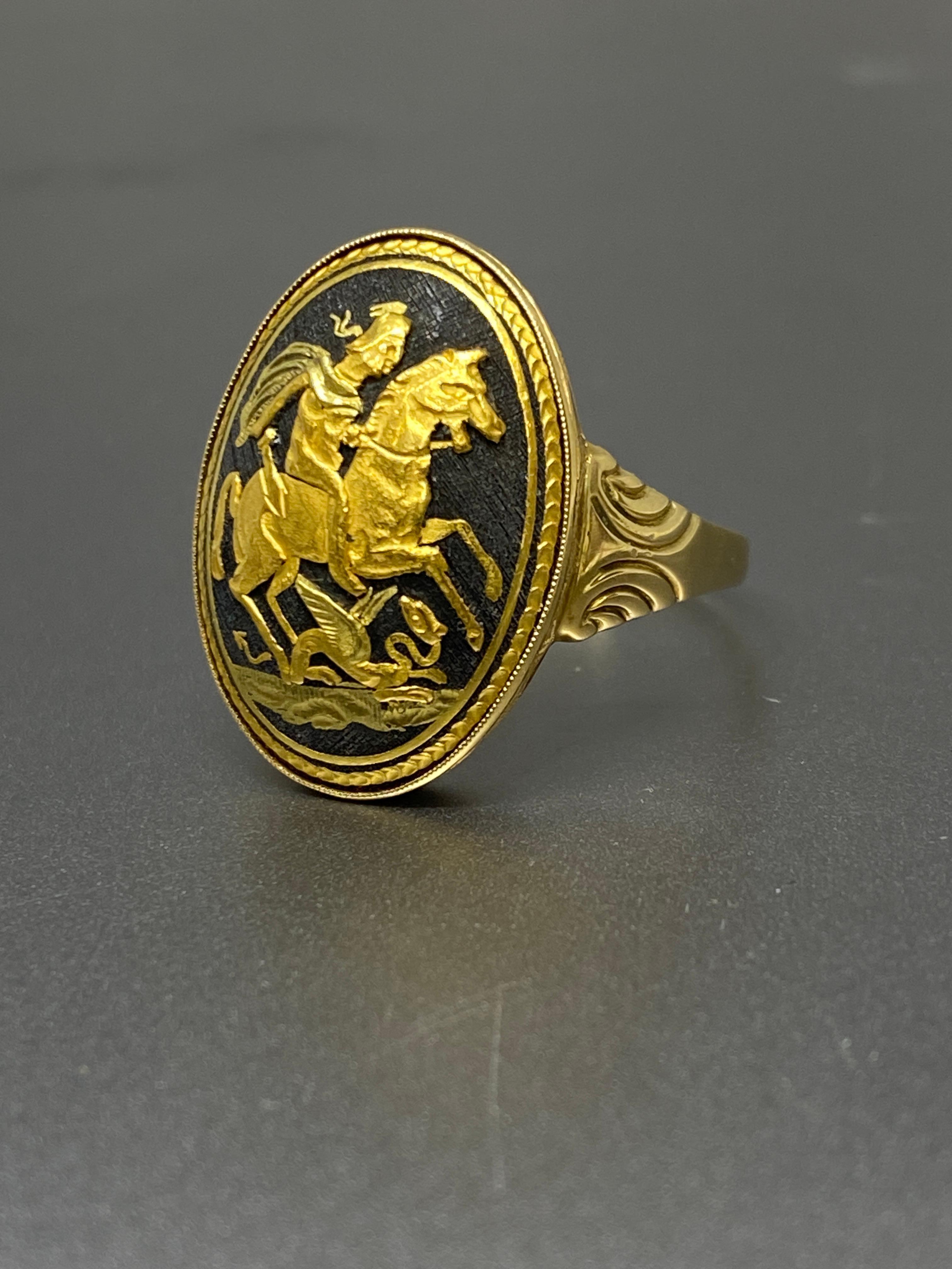 Antique 18k Yellow & Niello Saint George & Dragon Slayer Signet Ring  For Sale 5