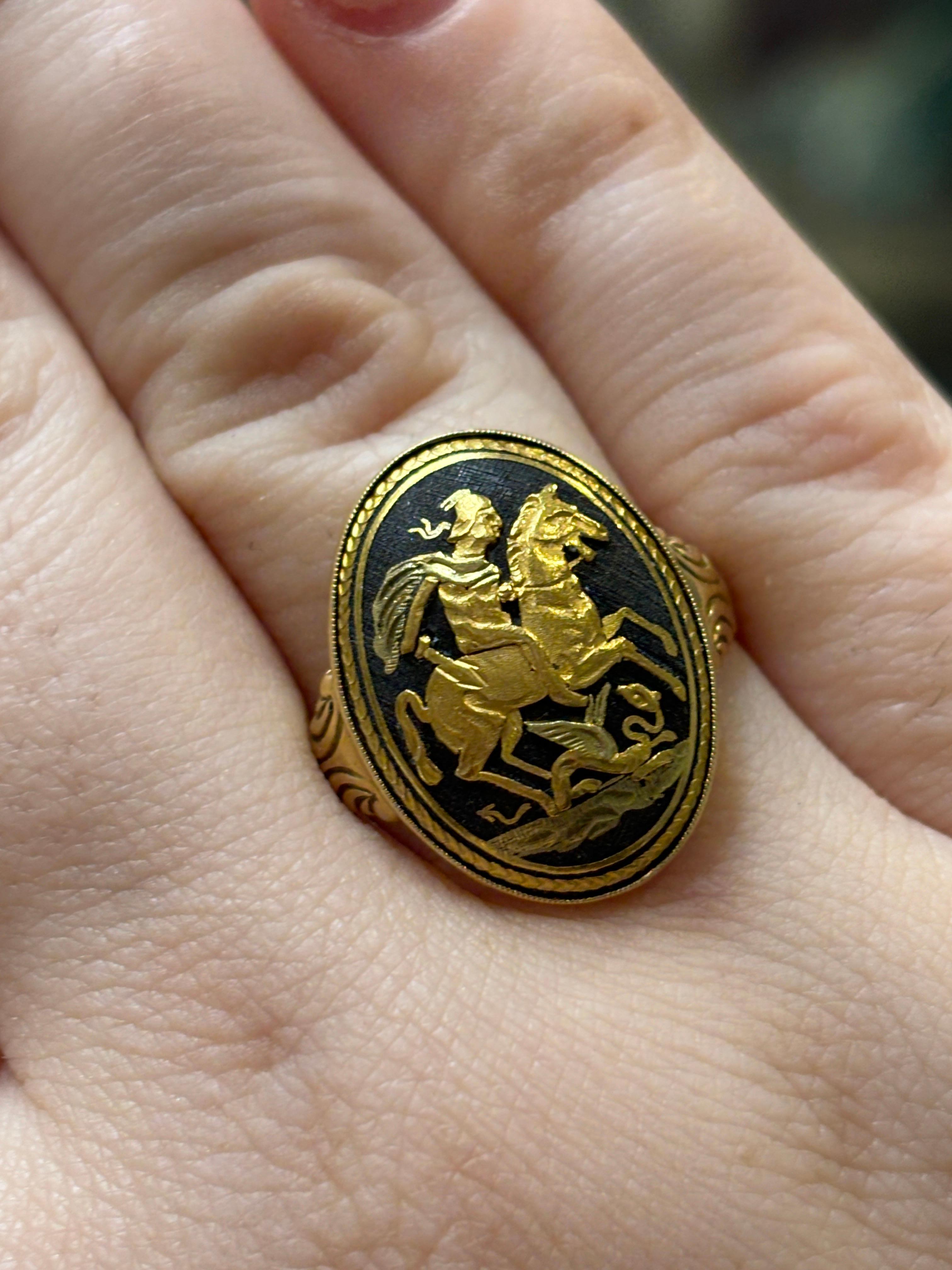 Antique 18k Yellow & Niello Saint George & Dragon Slayer Signet Ring  For Sale 6