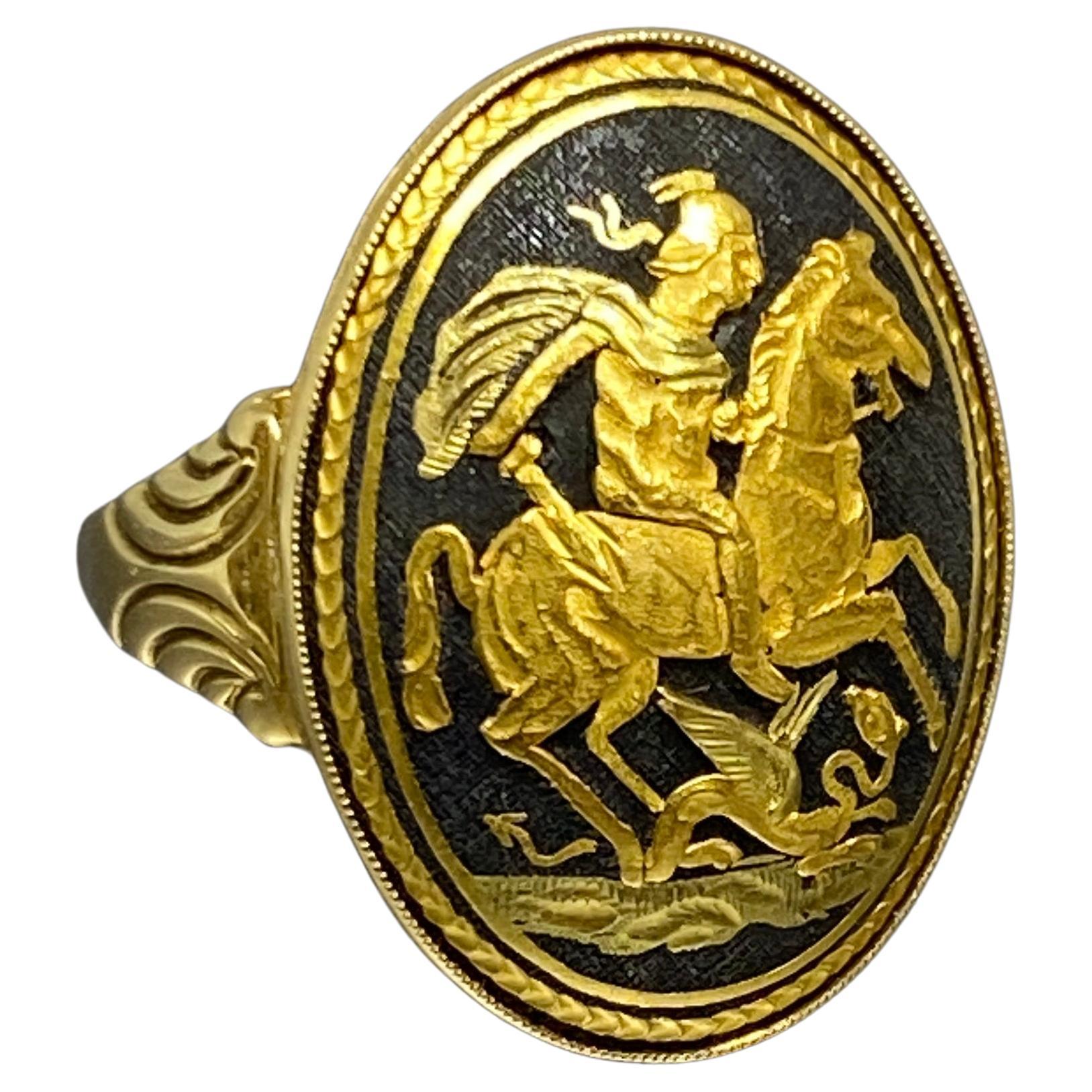 The depiction of a Saint George slaying the dragon signet ring is a powerful symbol steeped in history and mythology, making it a captivating choice for those who appreciate both artistic detail and storytelling in their jewelry.

 This ring 