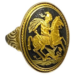 Antique 18k Yellow & Niello Saint George & Dragon Slayer Signet Ring