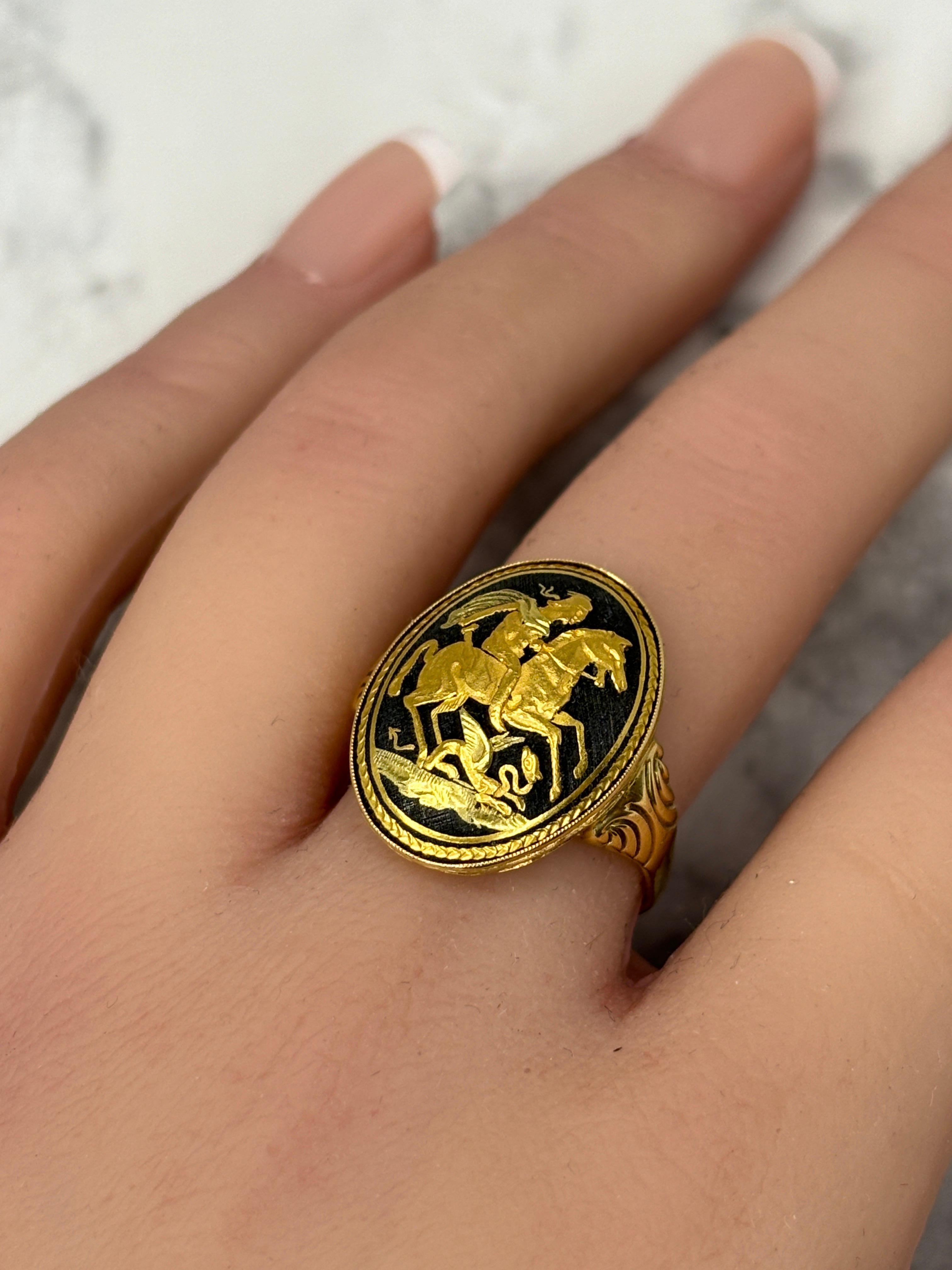 Late Victorian Antique 18k Yellow & Niello Saint George & Dragon Slayer Signet Ring  For Sale