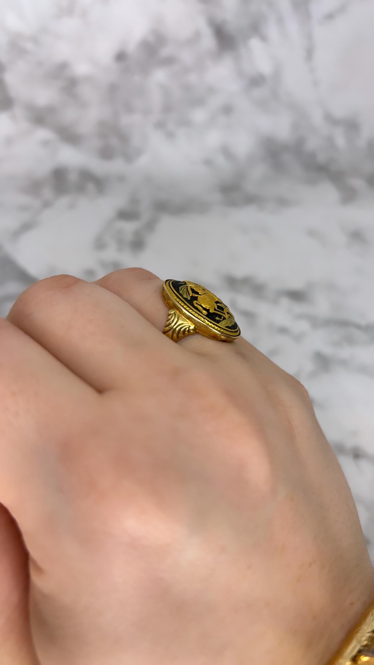 Antique 18k Yellow & Niello Saint George & Dragon Slayer Signet Ring  In Good Condition For Sale In Bernardsville, NJ