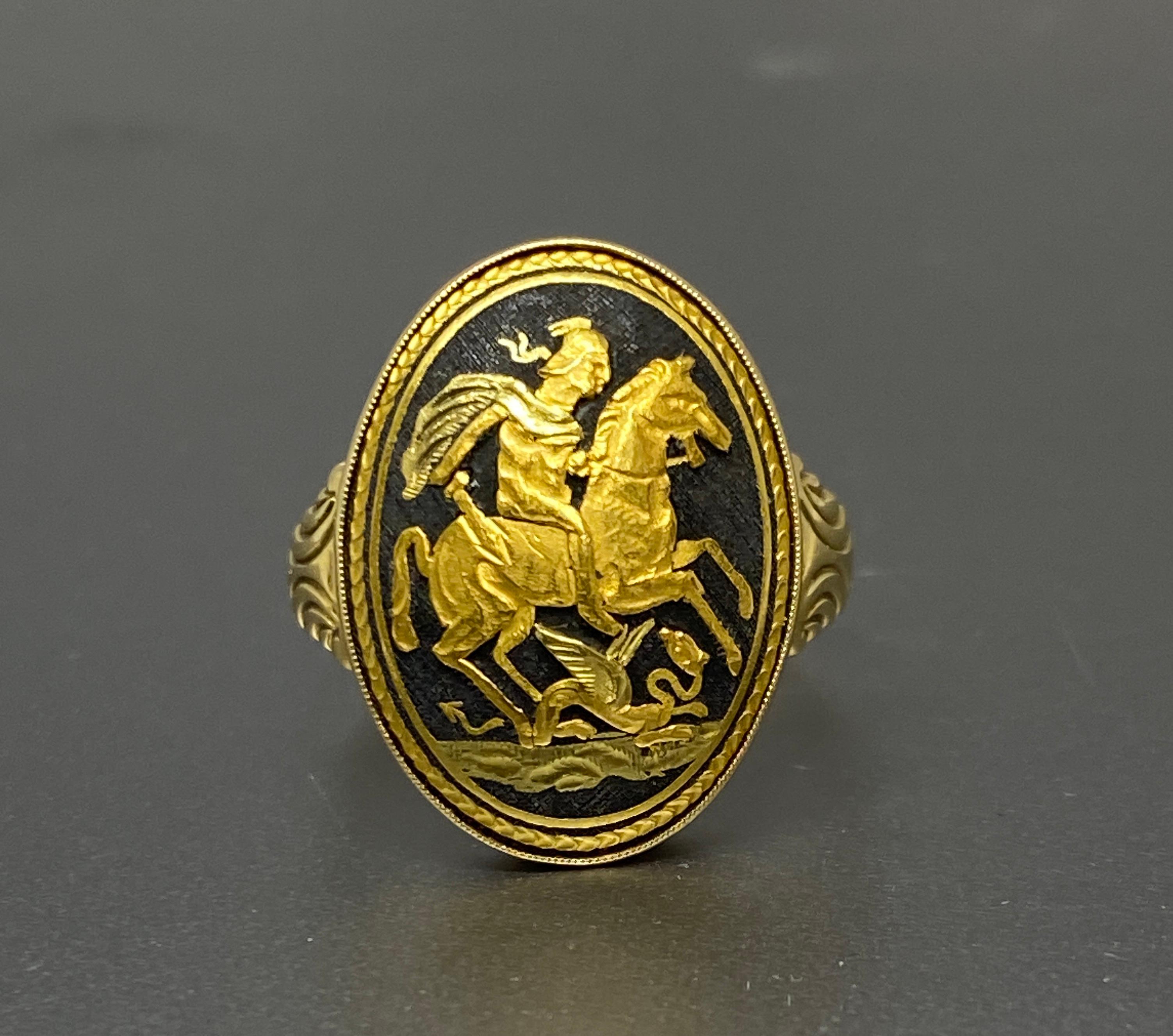 Women's or Men's Antique 18k Yellow & Niello Saint George & Dragon Slayer Signet Ring  For Sale