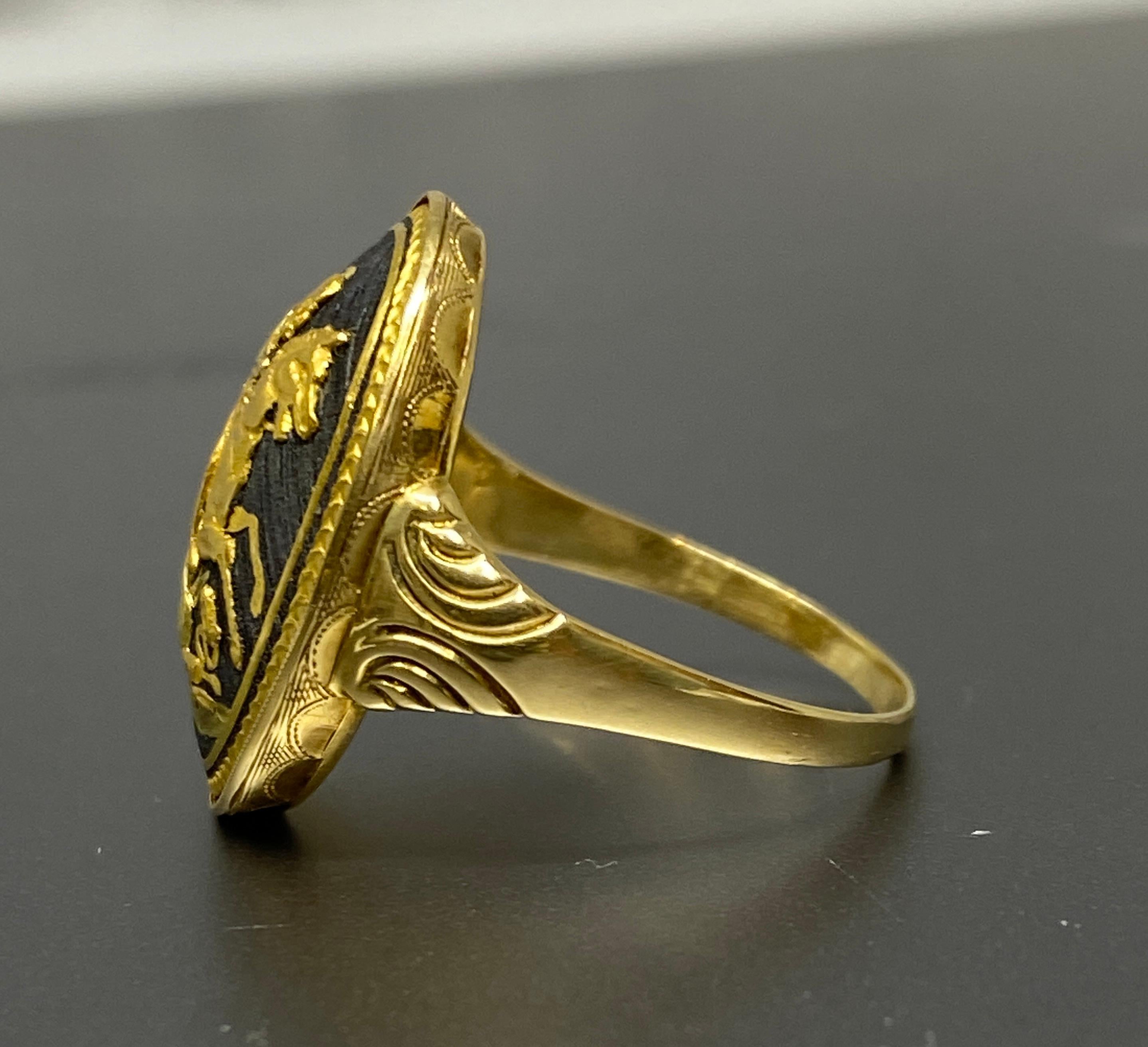 Antique 18k Yellow & Niello Saint George & Dragon Slayer Signet Ring  For Sale 4