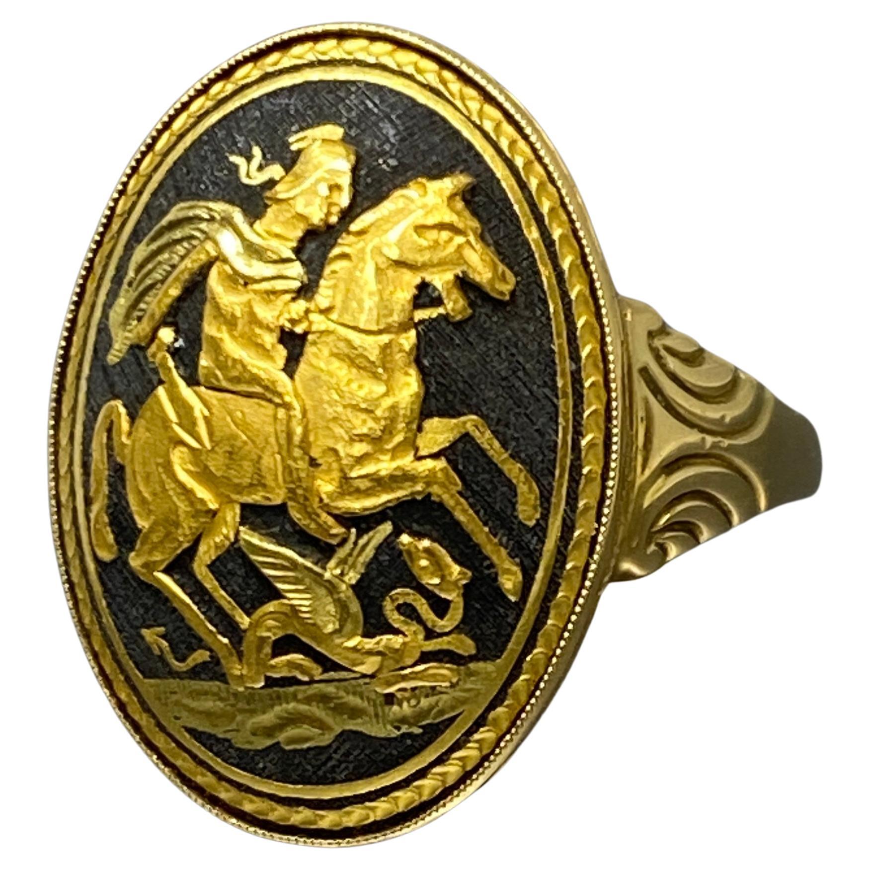 Antique 18k Yellow & Niello Saint George & Dragon Slayer Signet Ring  For Sale
