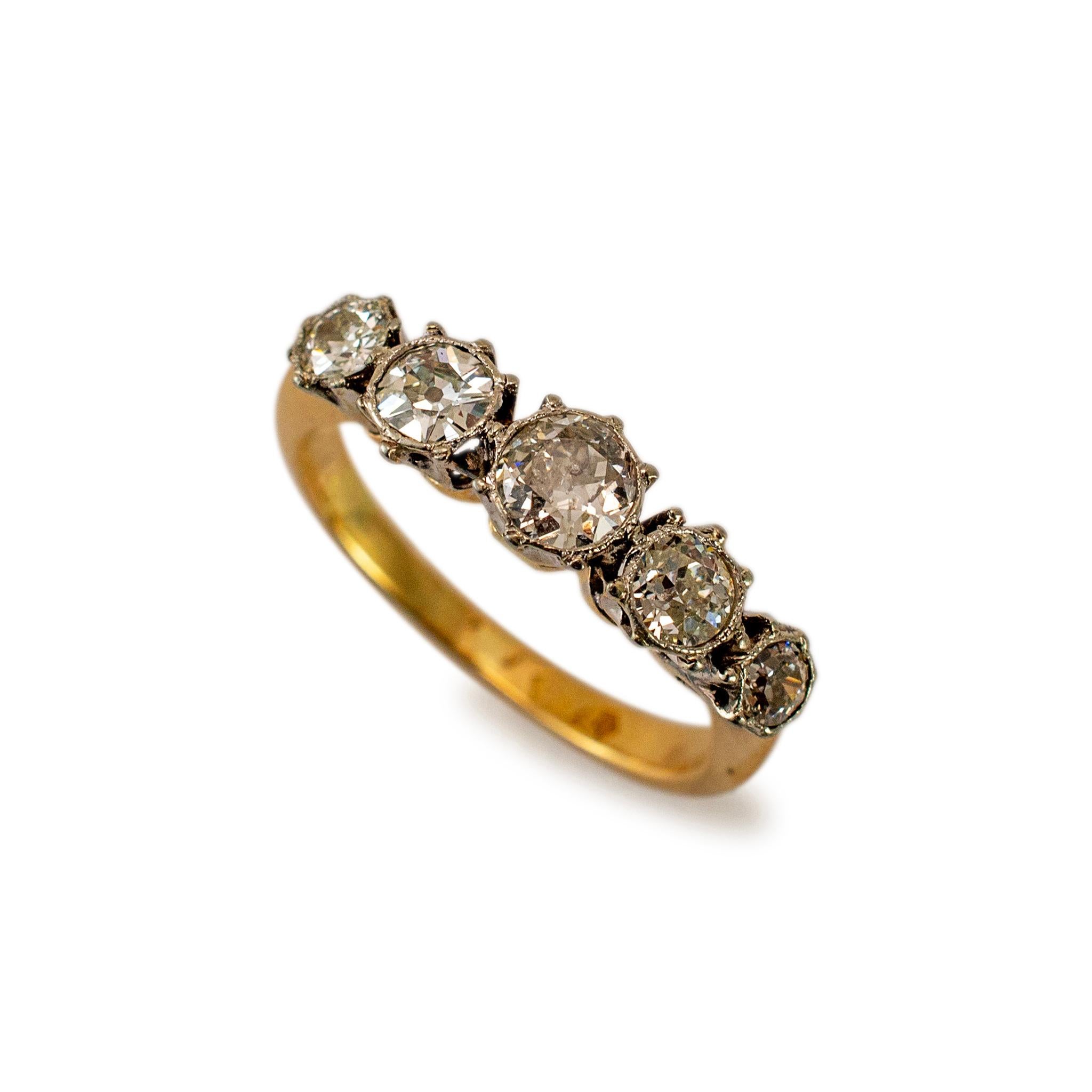 Gender: Ladies

Metal Type: 18K White & Yellow Gold

Ring Size: 5.75

Width: 5.50 mm tapering to 2.00 mm

Weight: 3.31 grams

Ladies handmade textured 18K White & Yellow Gold five-across, diamond antique wedding band with a half-round shank. The