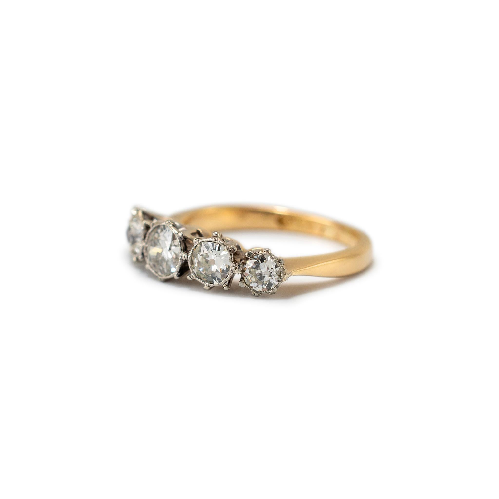 Old European Cut Antique 18K Yellow & White Gold Five Old European Diamond Cut Wedding Band For Sale