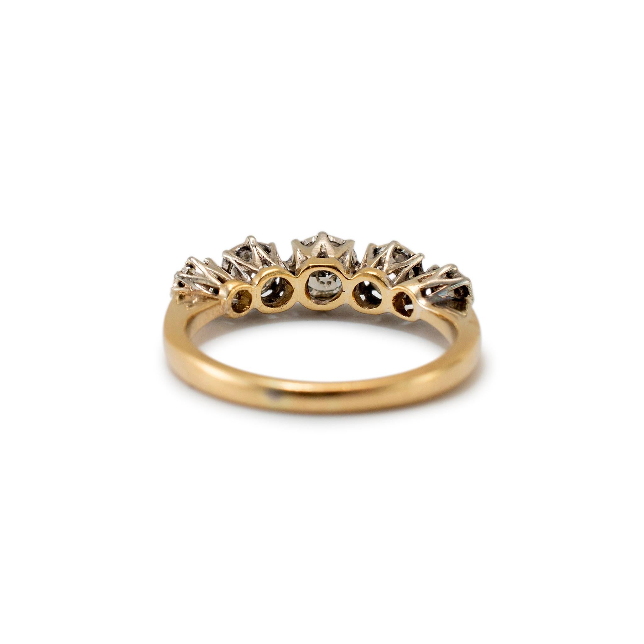 Women's Antique 18K Yellow & White Gold Five Old European Diamond Cut Wedding Band For Sale