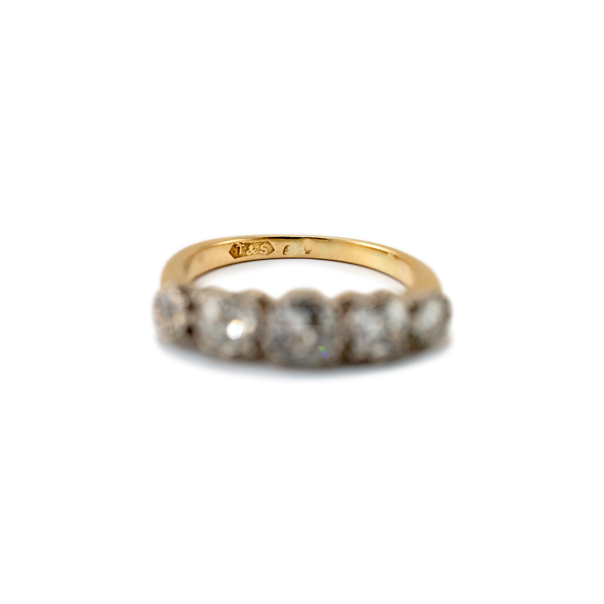 Antique 18K Yellow & White Gold Five Old European Diamond Cut Wedding Band For Sale 1
