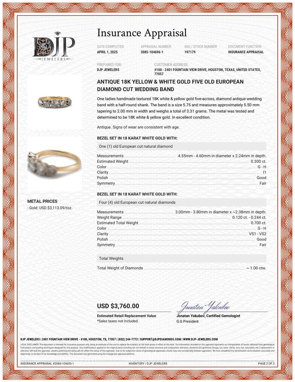 Antique 18K Yellow & White Gold Five Old European Diamond Cut Wedding Band For Sale 4