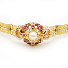 Antique 18K YG Diamond Ruby Pearl Bangle Bracelet