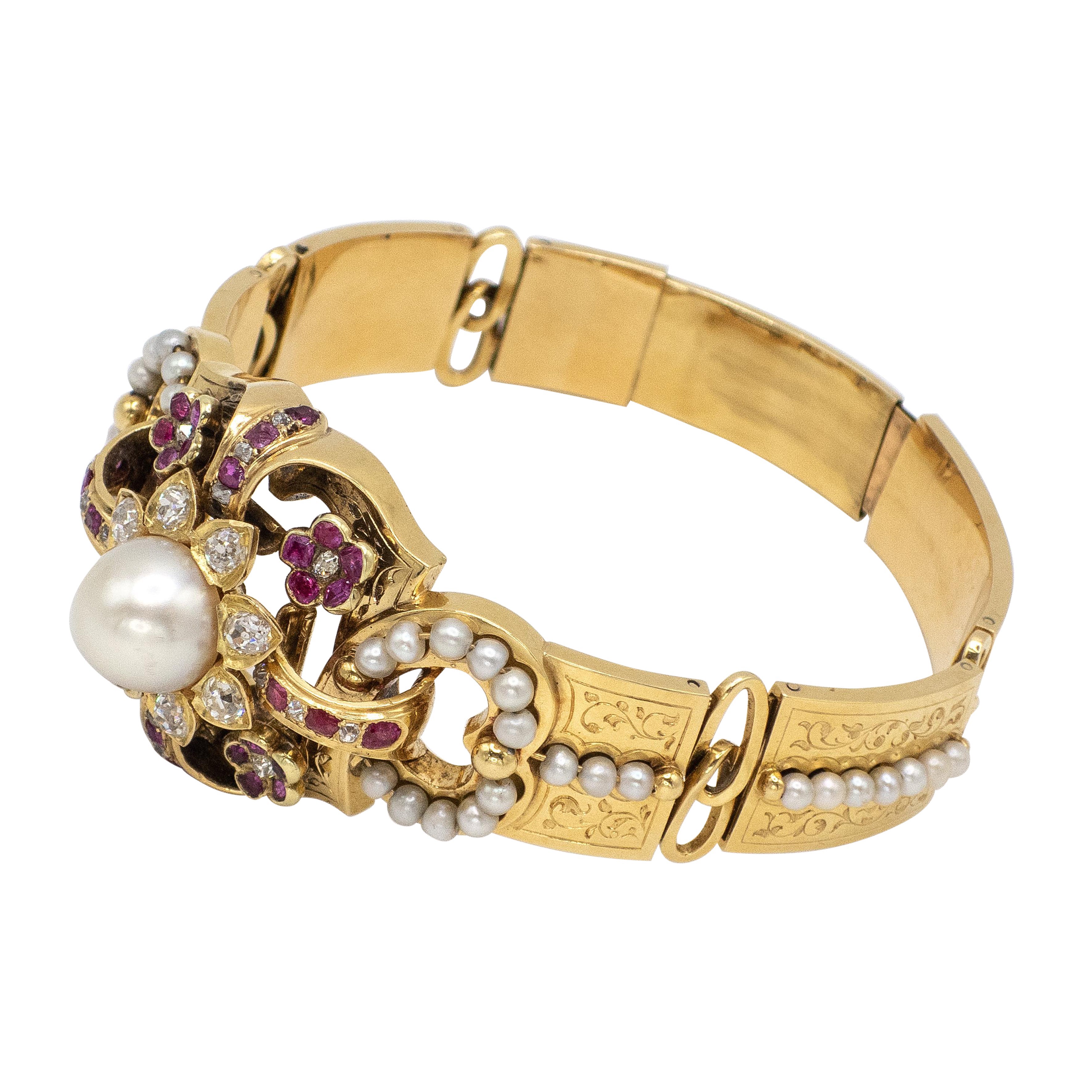 Antique 18K YG Diamond Ruby Pearl Bangle Bracelet