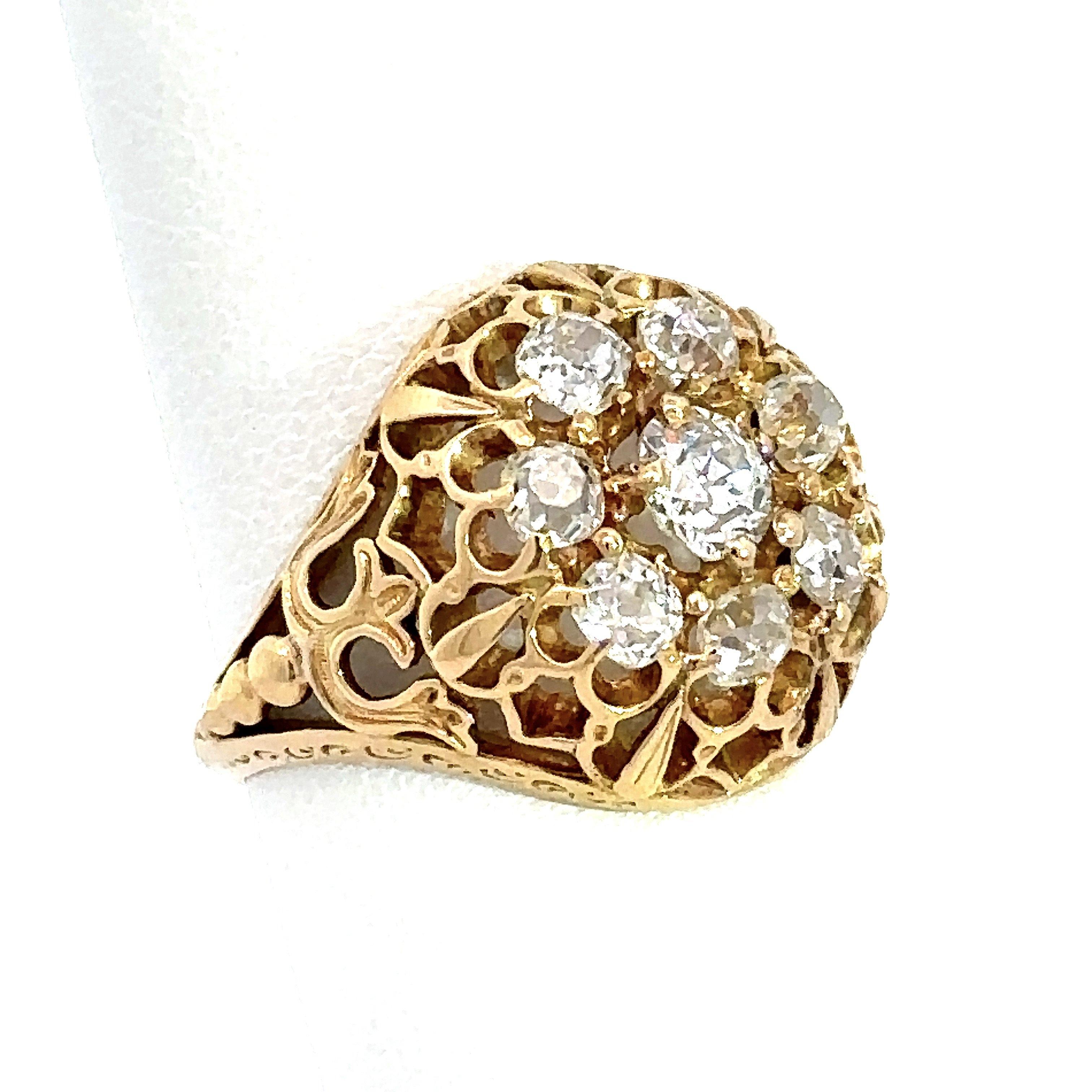 Victorian Antique 18KT Gold 1.5CT Diamond Domed Cluster Ring, Engraved 1861