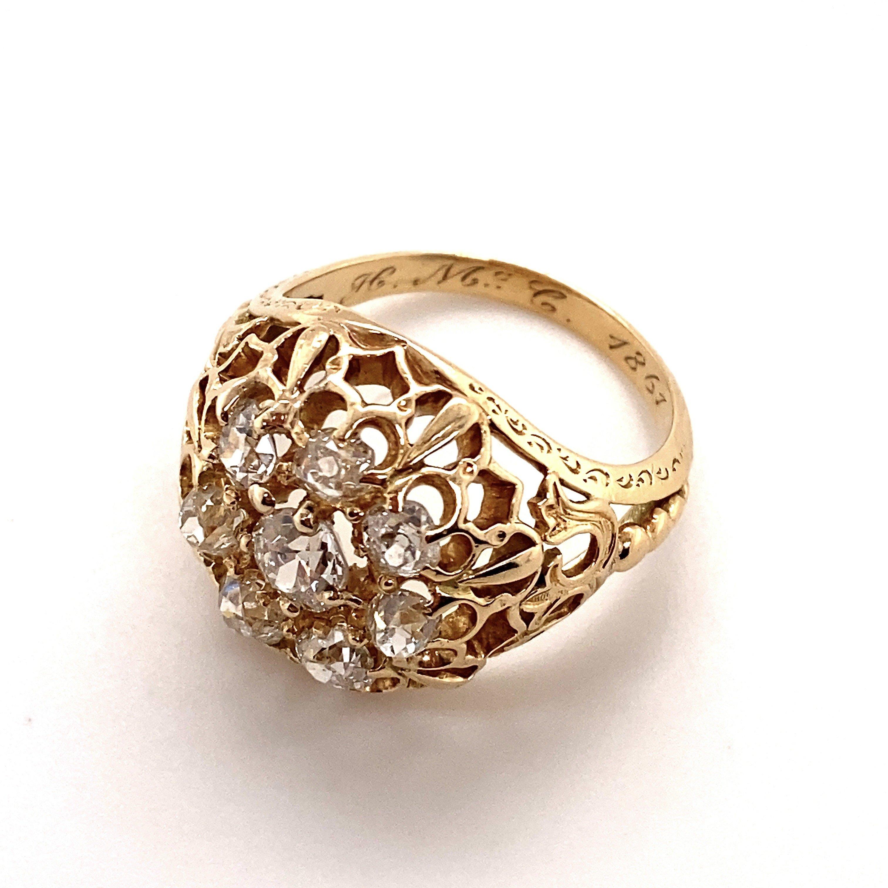 Old Mine Cut Antique 18KT Gold 1.5CT Diamond Domed Cluster Ring, Engraved 1861