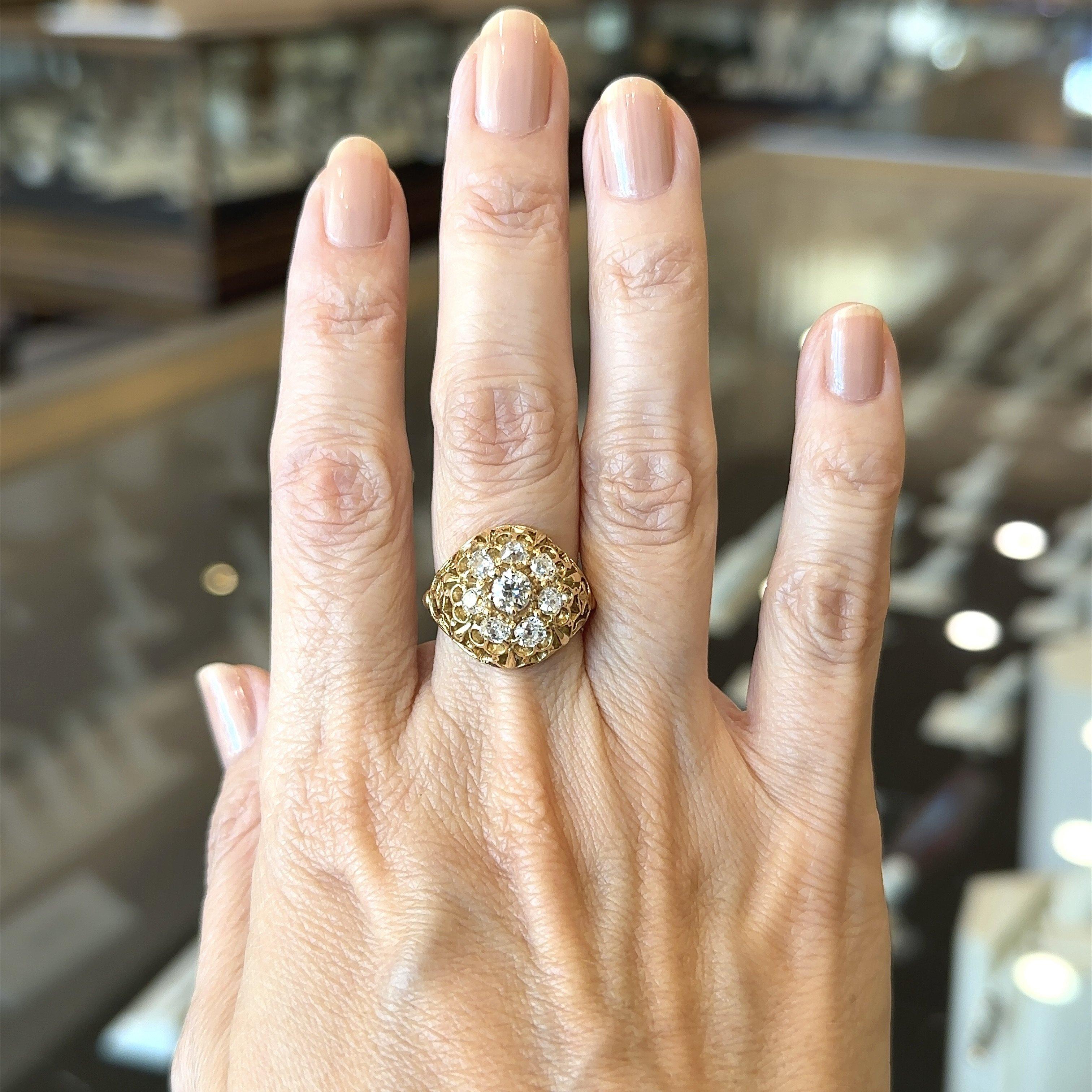 Antique 18KT Gold 1.5CT Diamond Domed Cluster Ring, Engraved 1861 In Excellent Condition In Los Angeles, CA