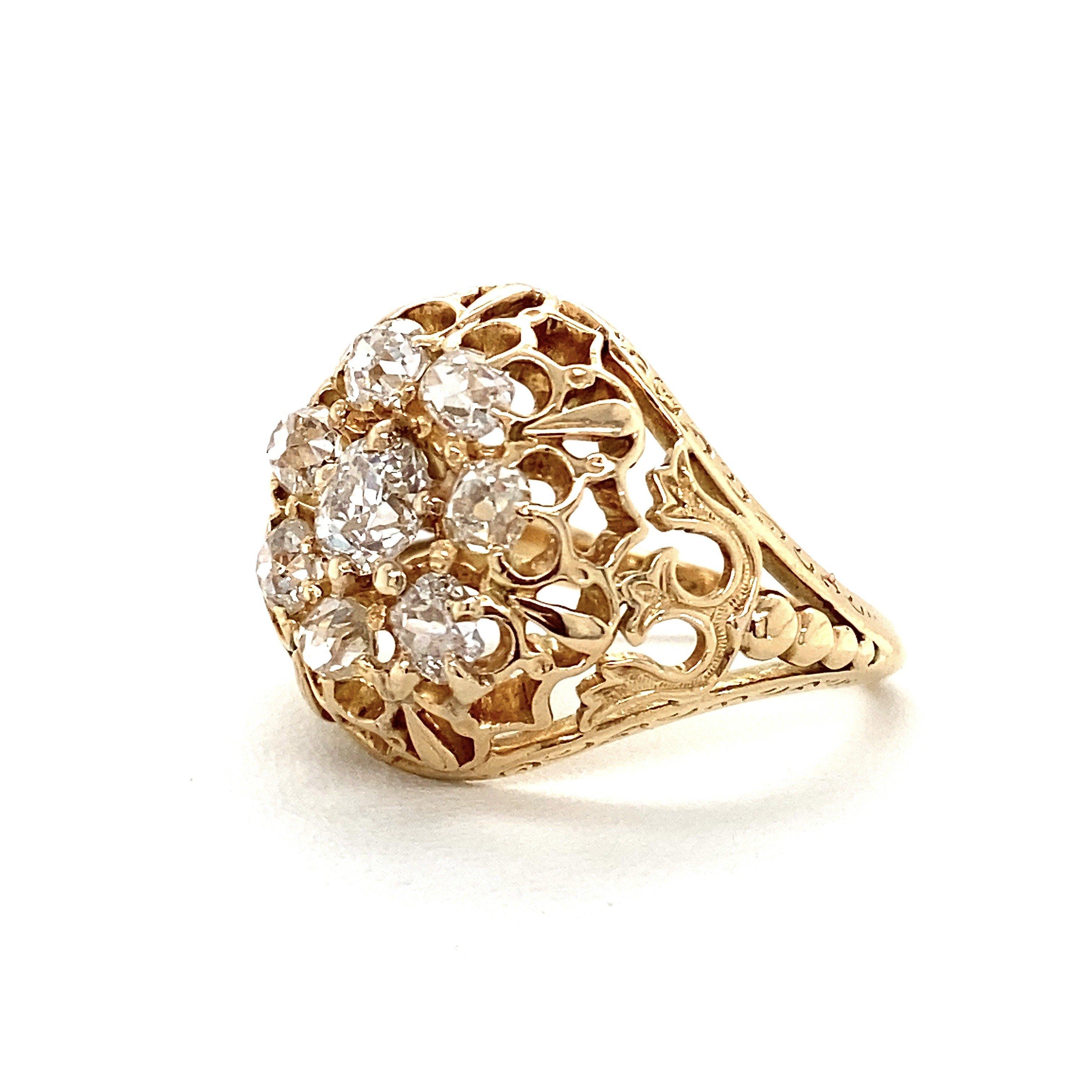 Antique 18KT Gold 1.5CT Diamond Domed Cluster Ring, Engraved 1861 2