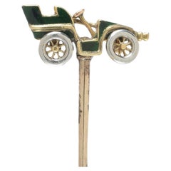 Antique 18KT Gold and Green Enamel Veteran Motor Car Stick Pin, Circa 1900