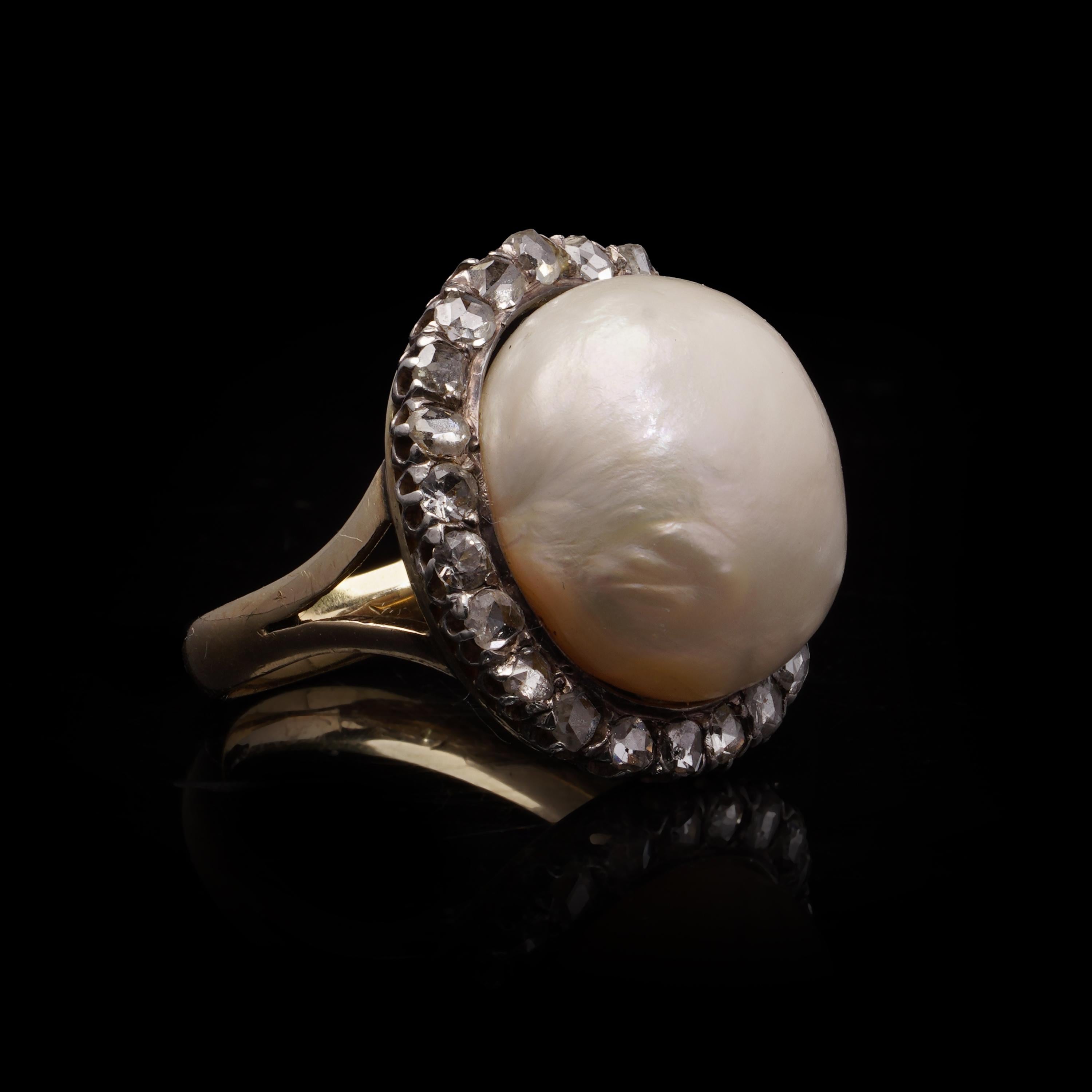 Rose Cut Antique 18kt Gold and Silver Pearl & Rose-Cut Diamond Cluster Ring For Sale